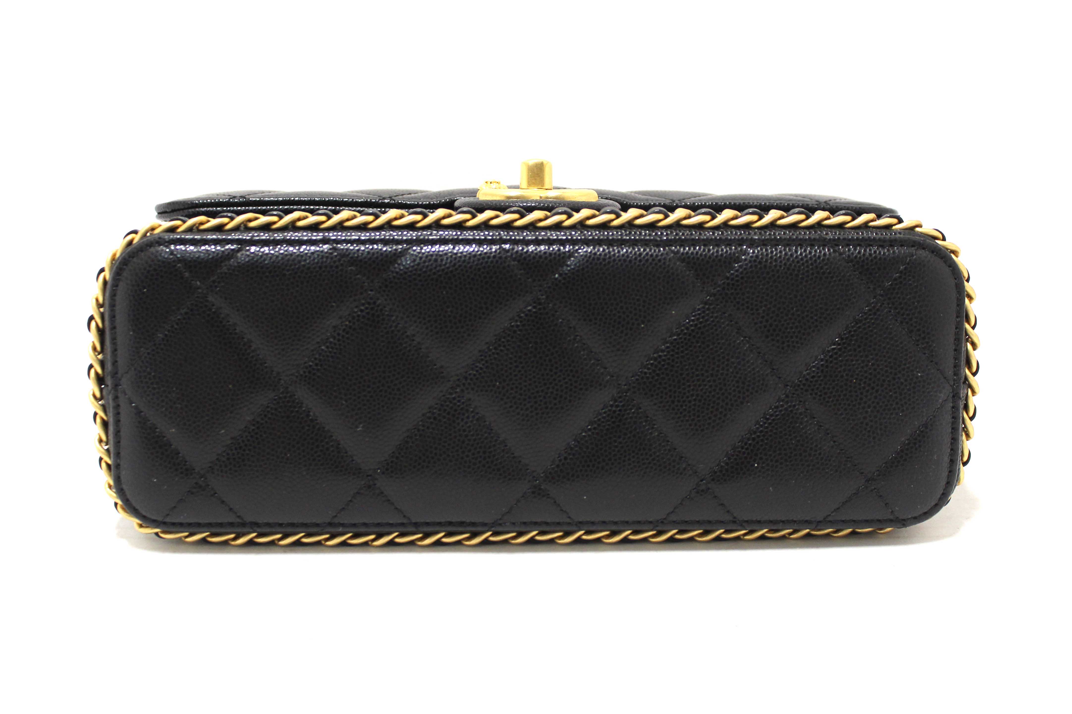 Authentic Chanel Black Quilted Caviar Leather Camellia Chain Around Flap Shoulder Bag