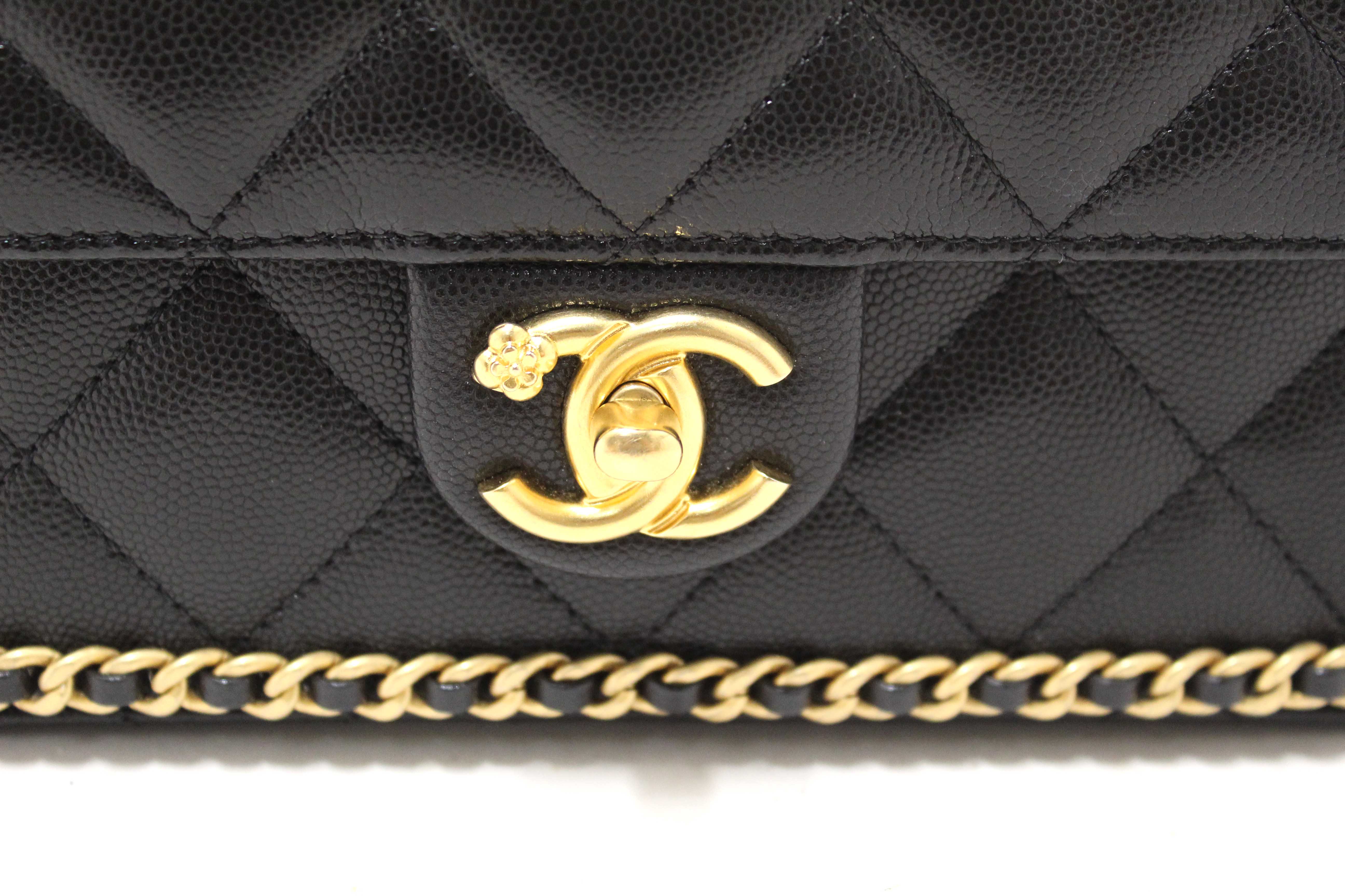 Authentic Chanel Black Quilted Caviar Leather Camellia Chain Around Flap Shoulder Bag