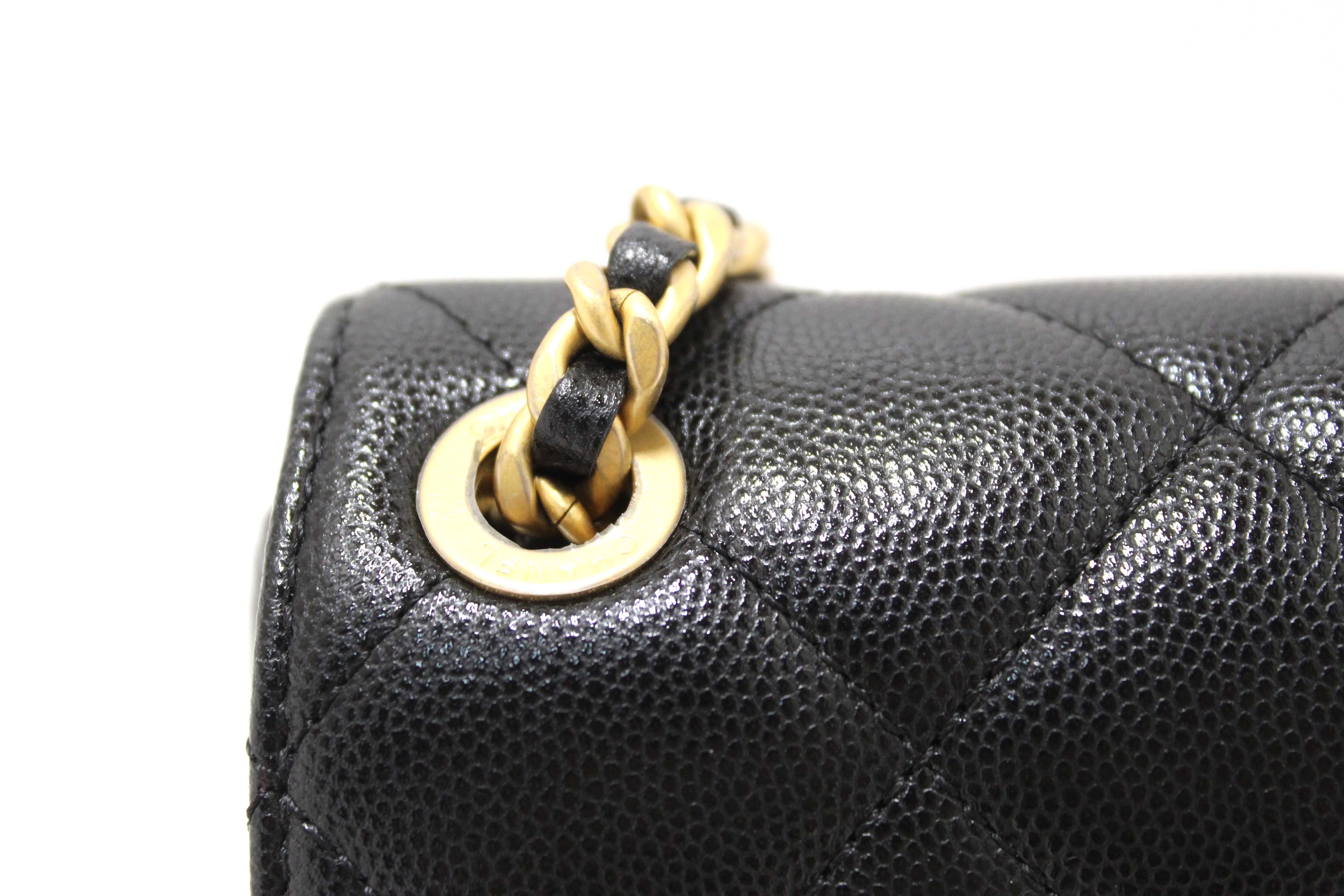 Authentic Chanel Black Quilted Caviar Leather Camellia Chain Around Flap Shoulder Bag