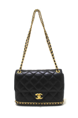 Authentic Chanel Black Quilted Caviar Leather Camellia Chain Around Flap Shoulder Bag