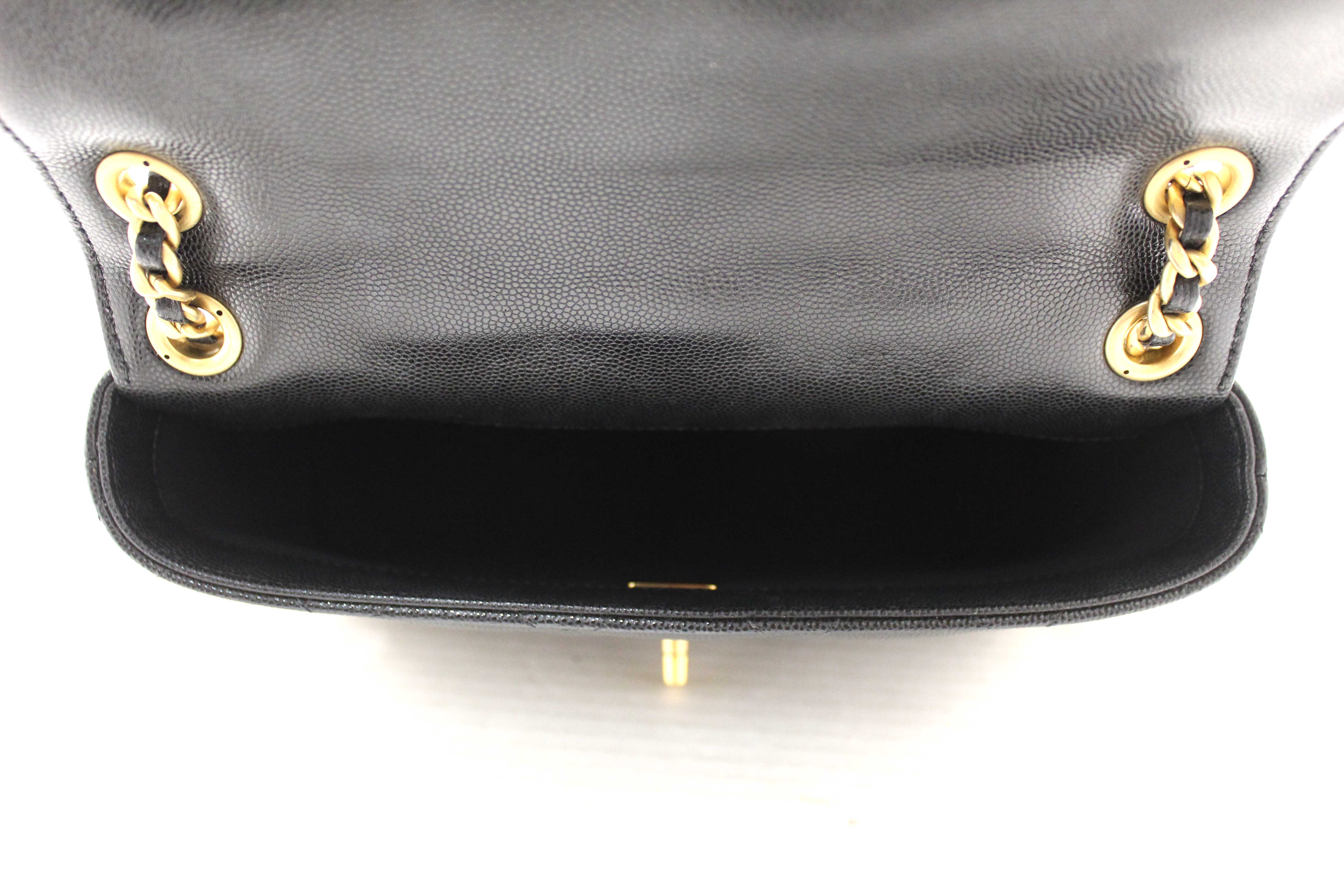 Authentic Chanel Black Quilted Caviar Leather Camellia Chain Around Flap Shoulder Bag