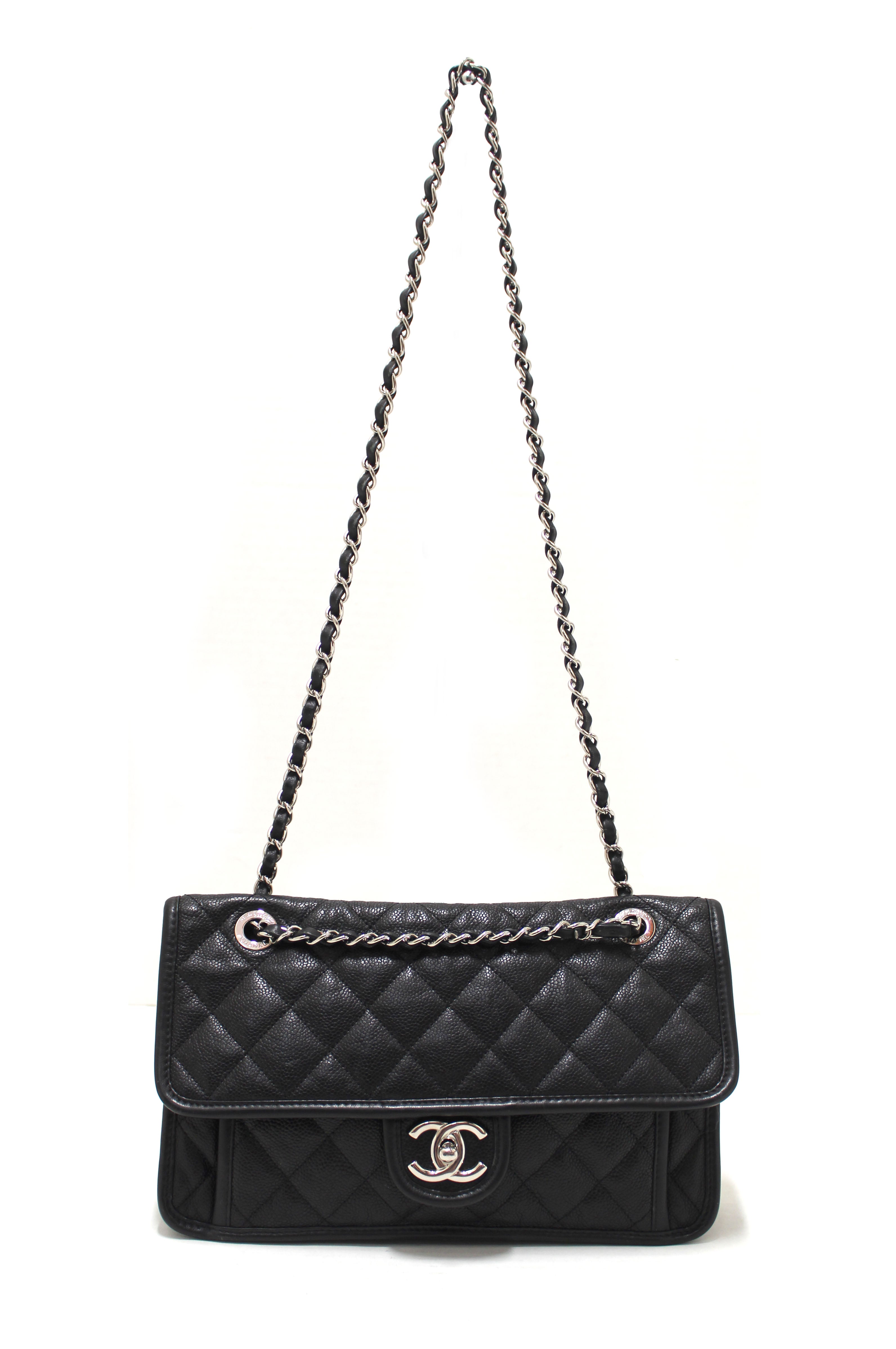 Authentic Chanel Black Quilted Caviar Leather Riviera Flap