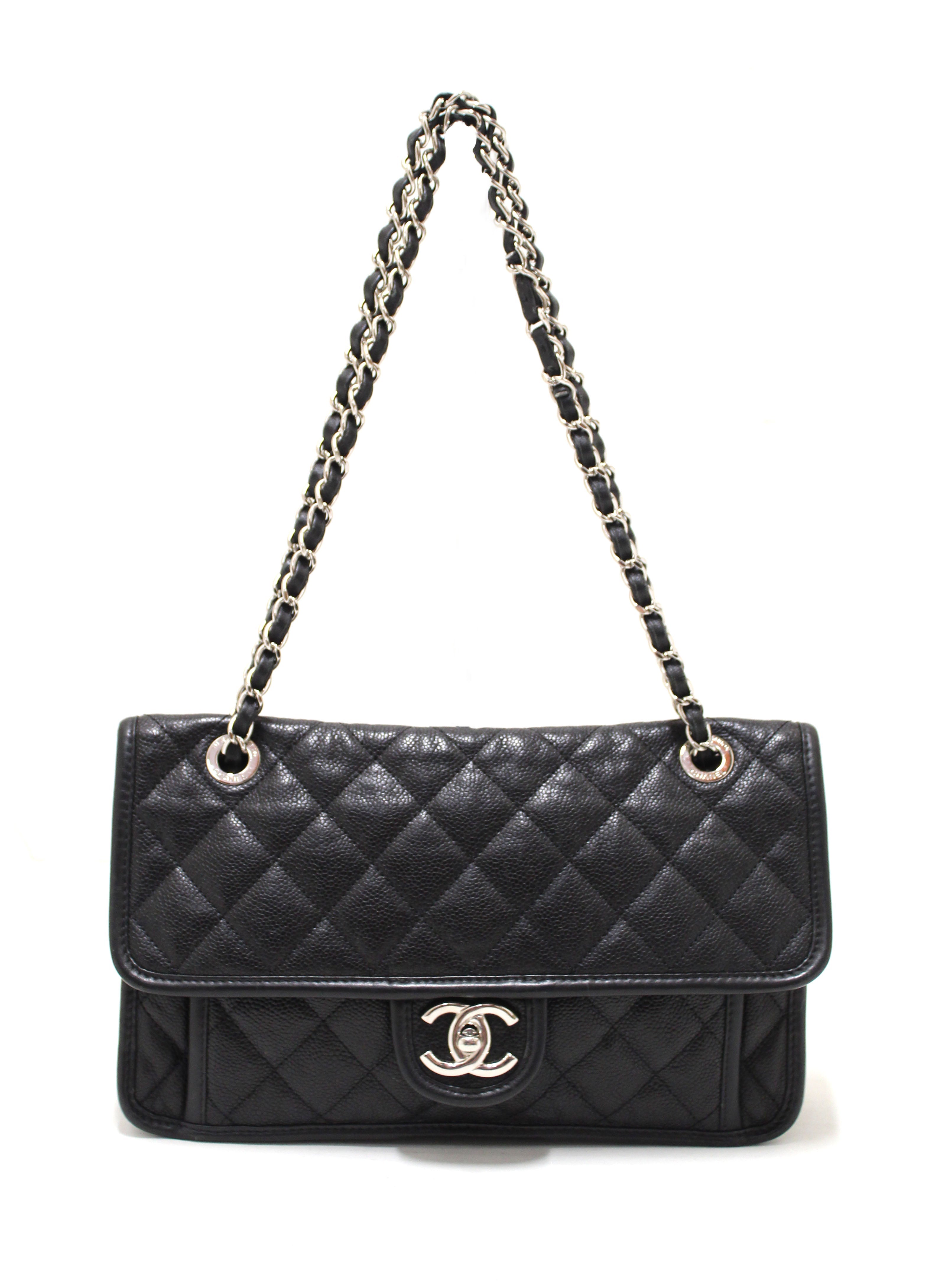 Authentic Chanel Black Quilted Caviar Leather Riviera Flap
