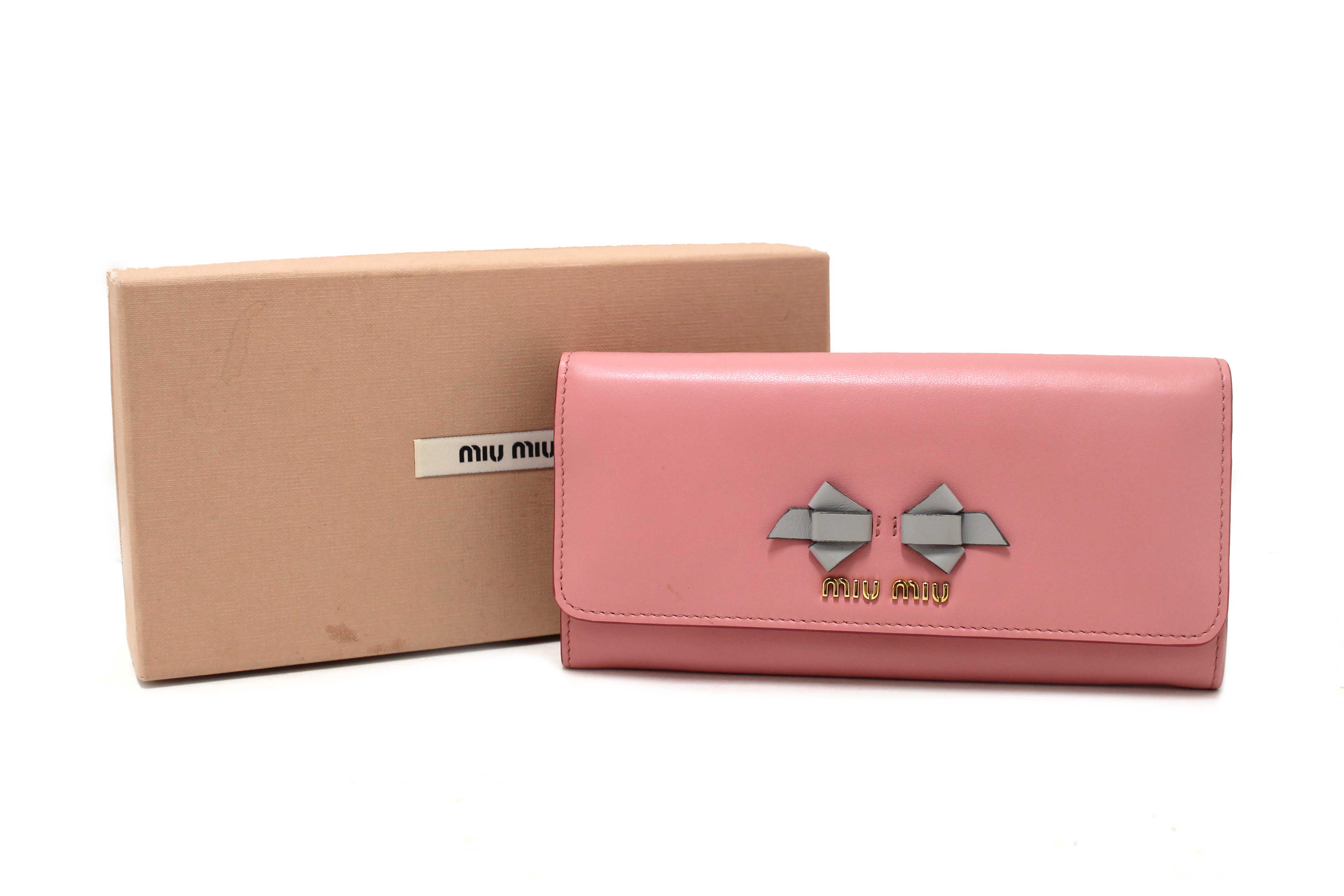 Authentic Miu Miu Pink Soft Calfskin Leather Fiocco Bow Long Wallet