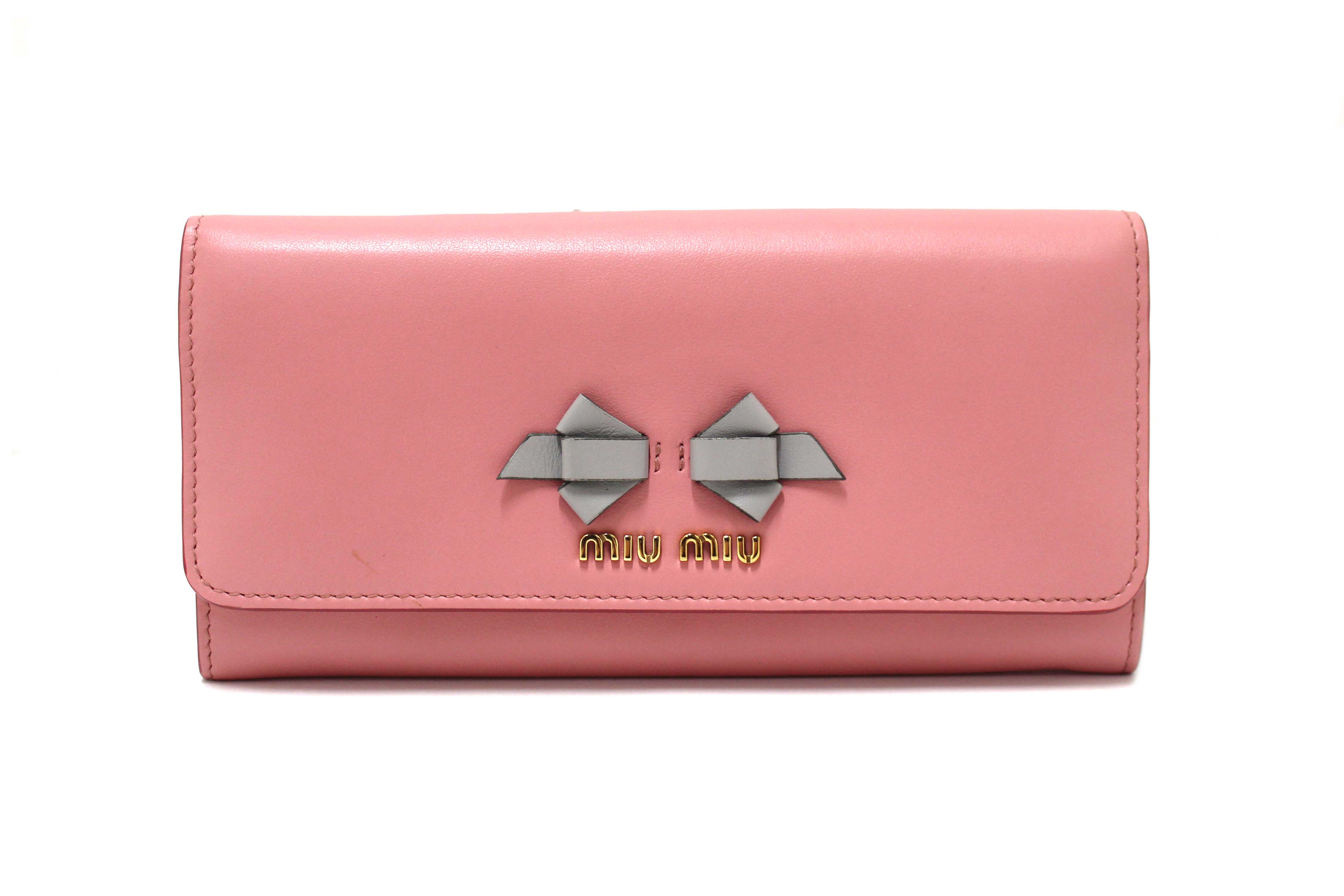 Authentic Miu Miu Pink Soft Calfskin Leather Fiocco Bow Long Wallet