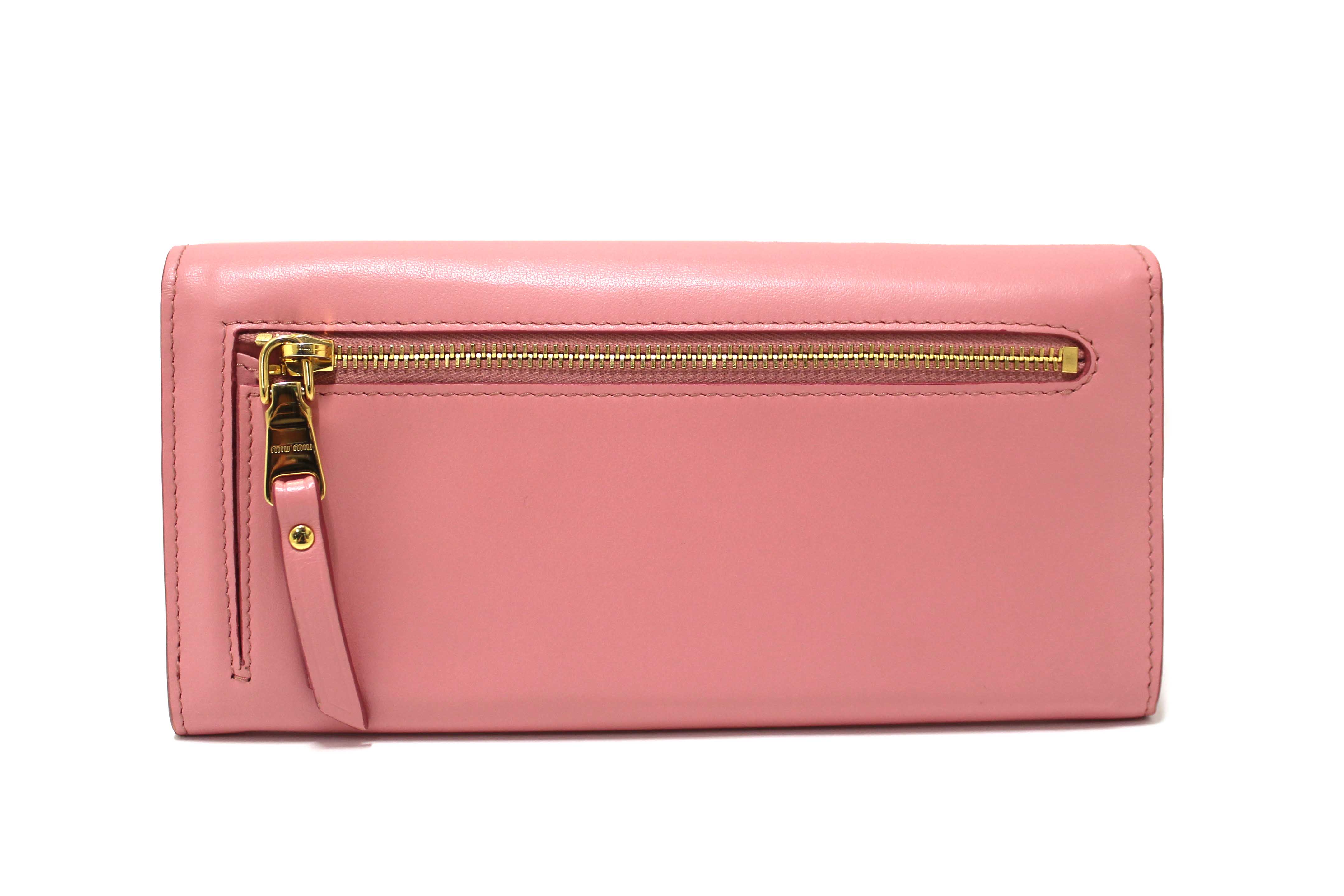 Authentic Miu Miu Pink Soft Calfskin Leather Fiocco Bow Long Wallet