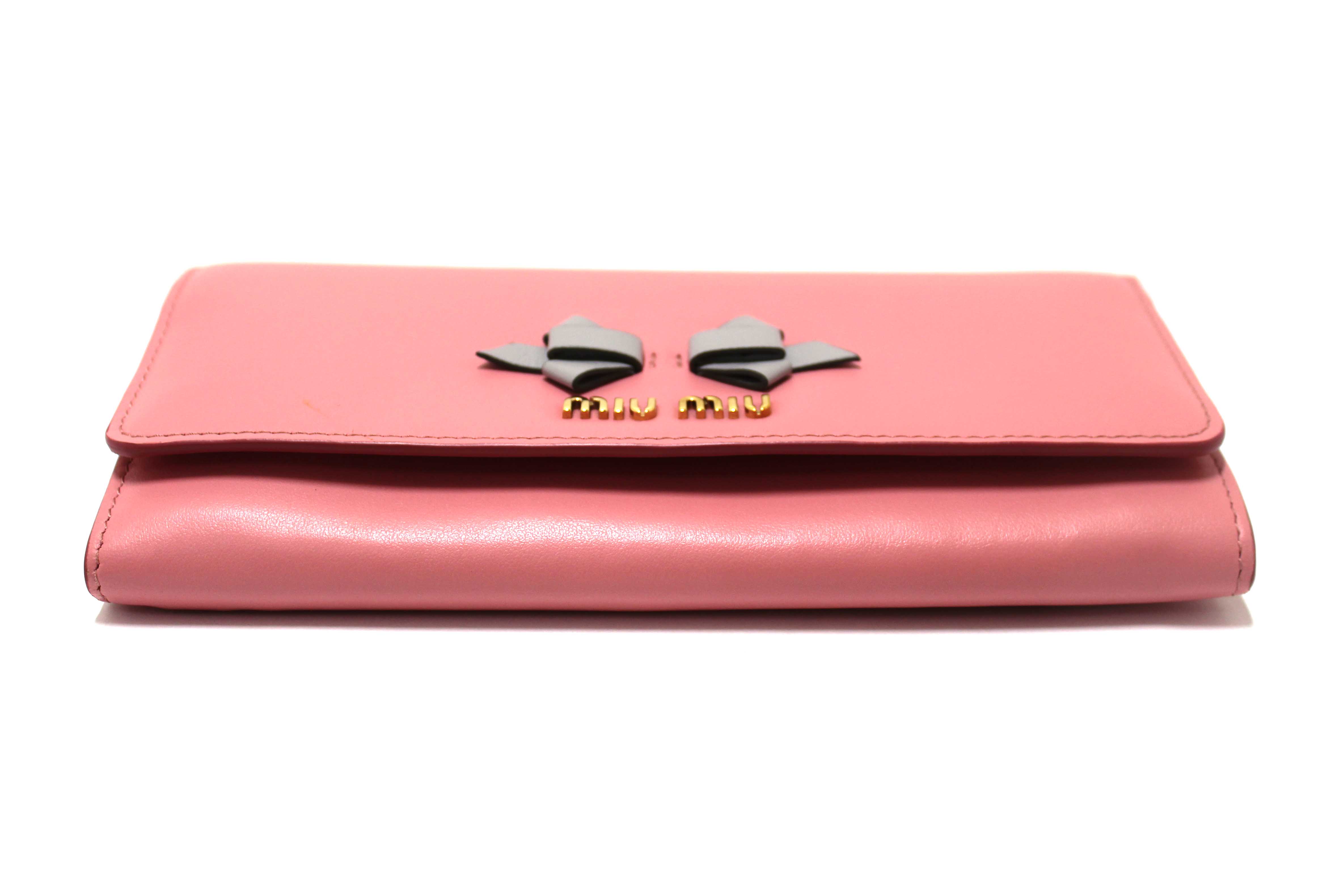 Authentic Miu Miu Pink Soft Calfskin Leather Fiocco Bow Long Wallet
