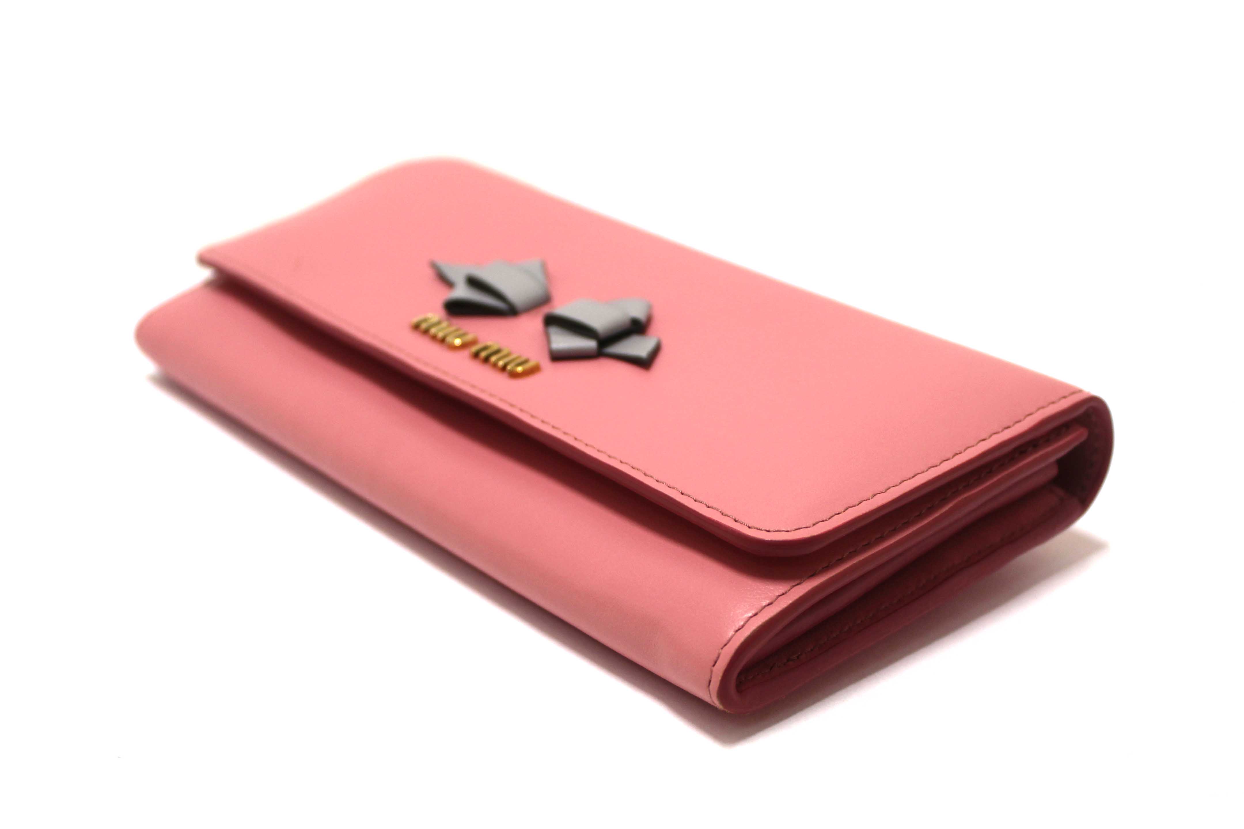Authentic Miu Miu Pink Soft Calfskin Leather Fiocco Bow Long Wallet
