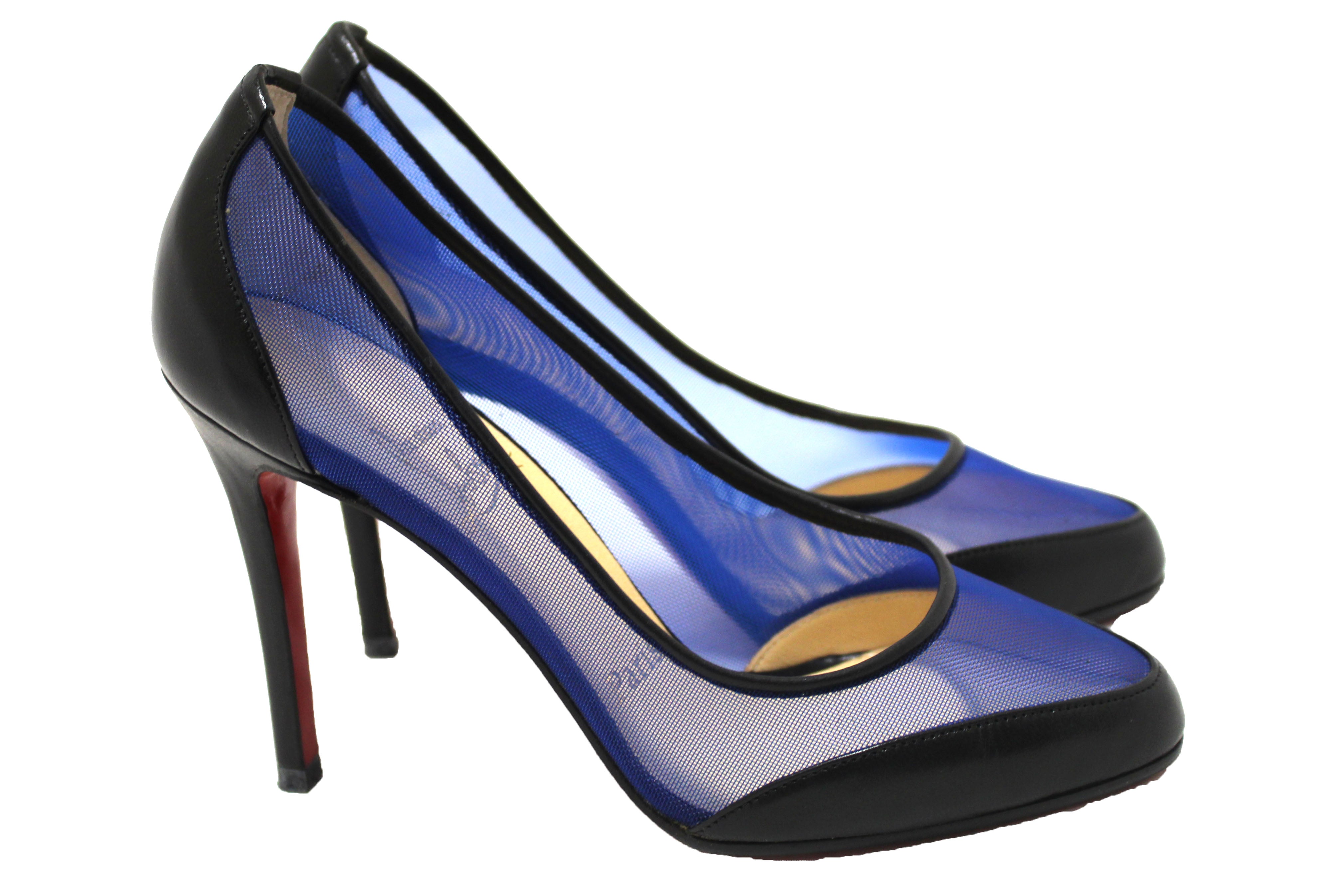 Authentic Christian Louboutin Galativi Black Leather and Blue Mesh Pointed Toe Stiletto Heel Size 34.5