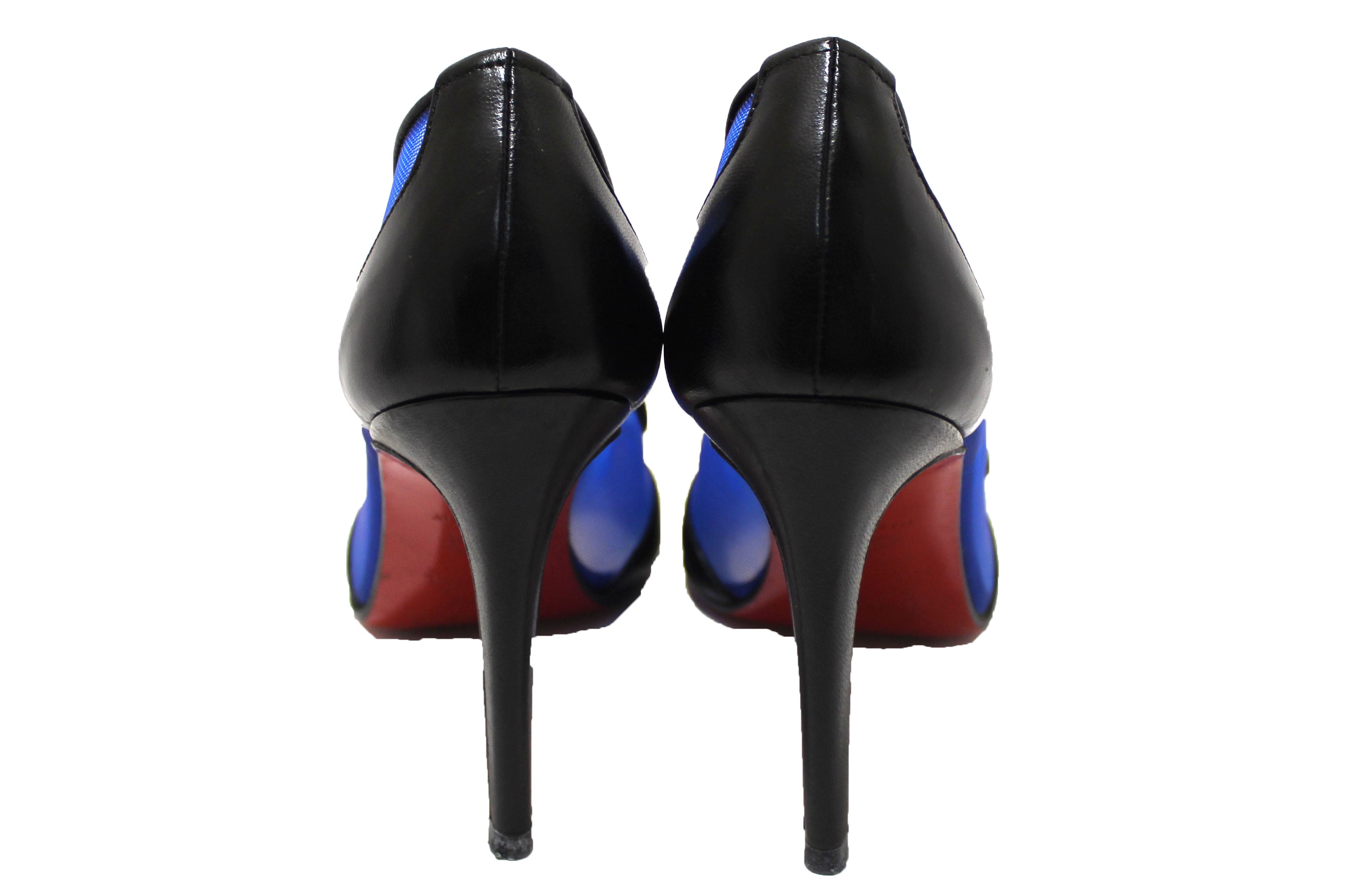 Authentic Christian Louboutin Galativi Black Leather and Blue Mesh Pointed Toe Stiletto Heel Size 34.5