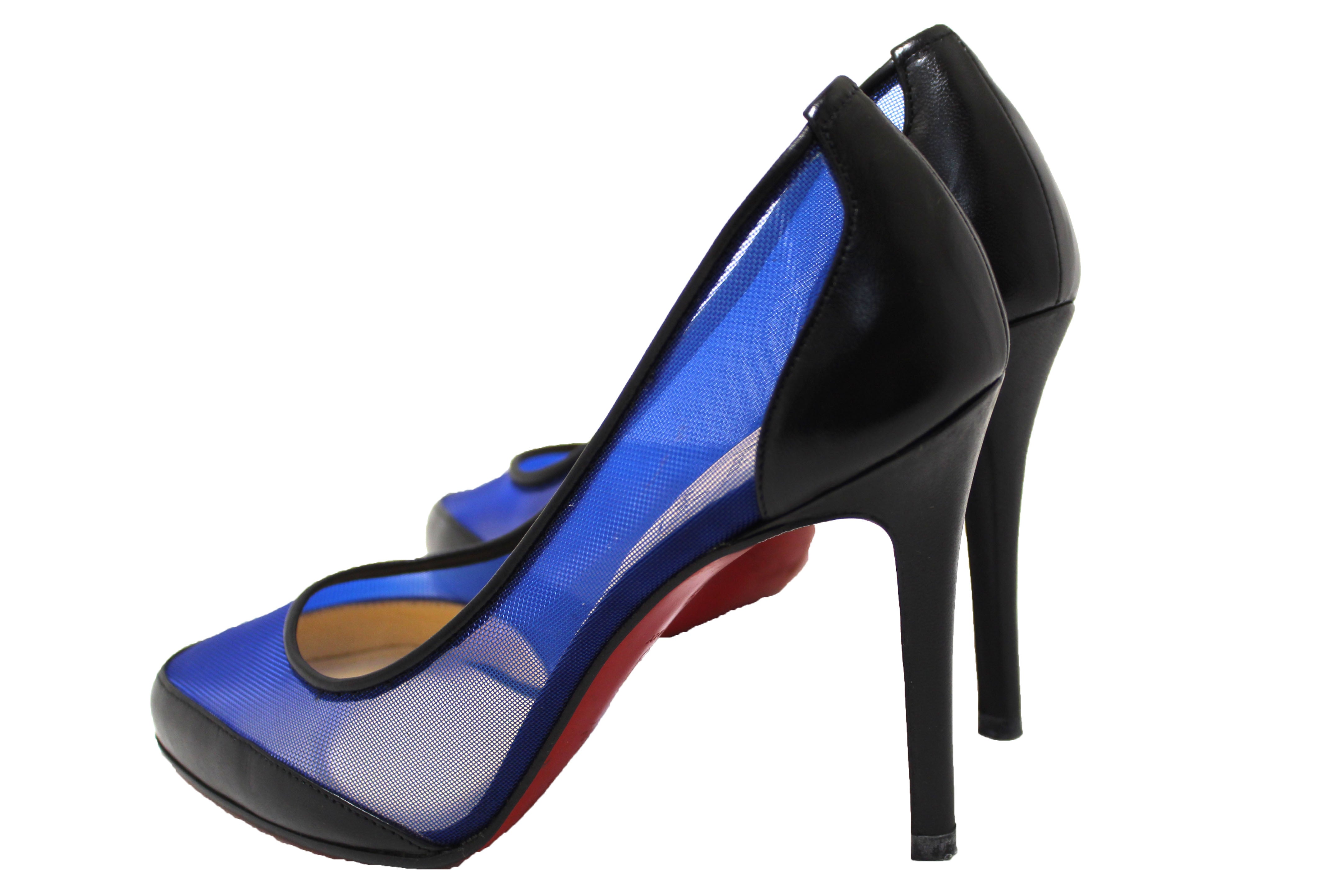 Authentic Christian Louboutin Galativi Black Leather and Blue Mesh Pointed Toe Stiletto Heel Size 34.5