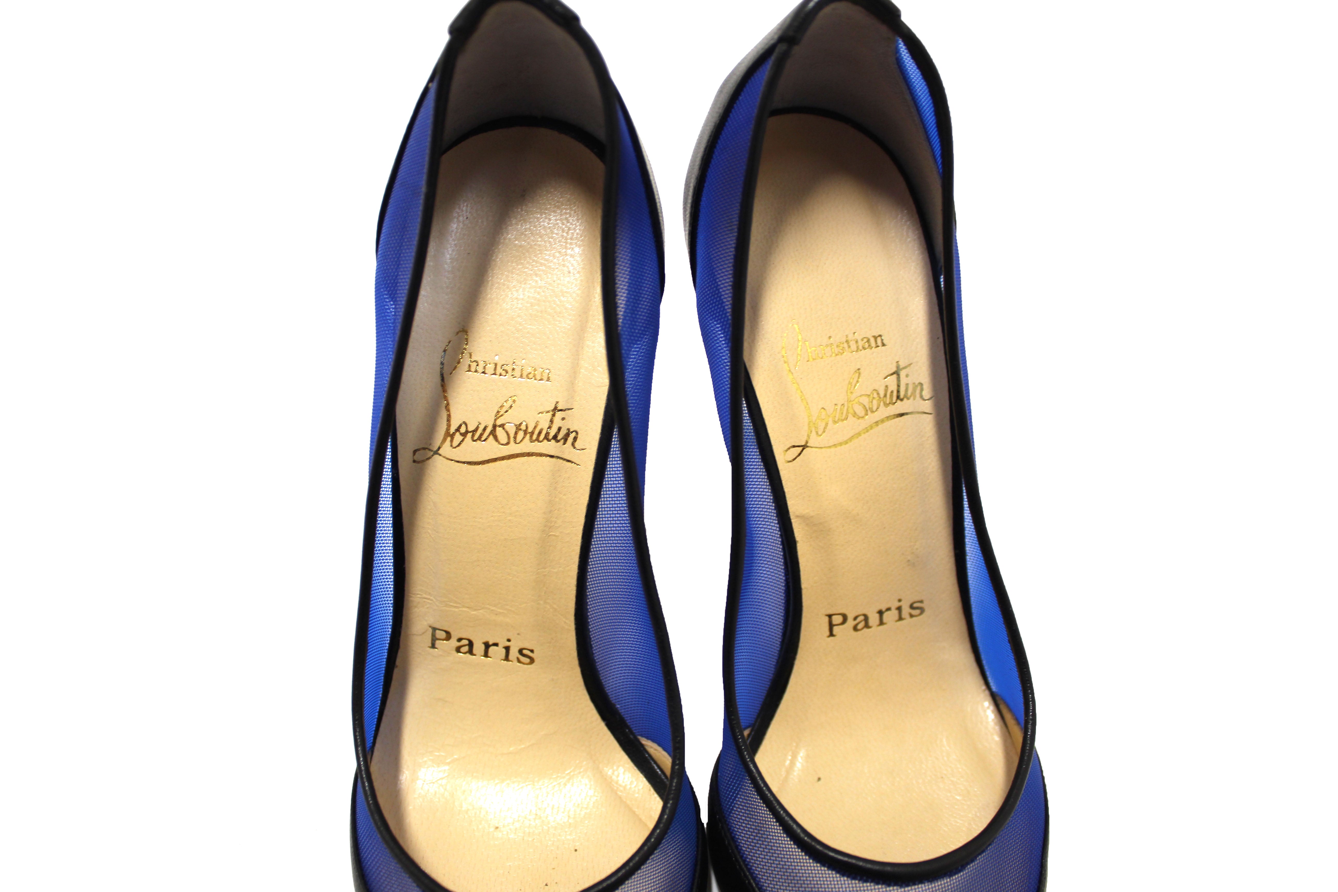 Authentic Christian Louboutin Galativi Black Leather and Blue Mesh Pointed Toe Stiletto Heel Size 34.5