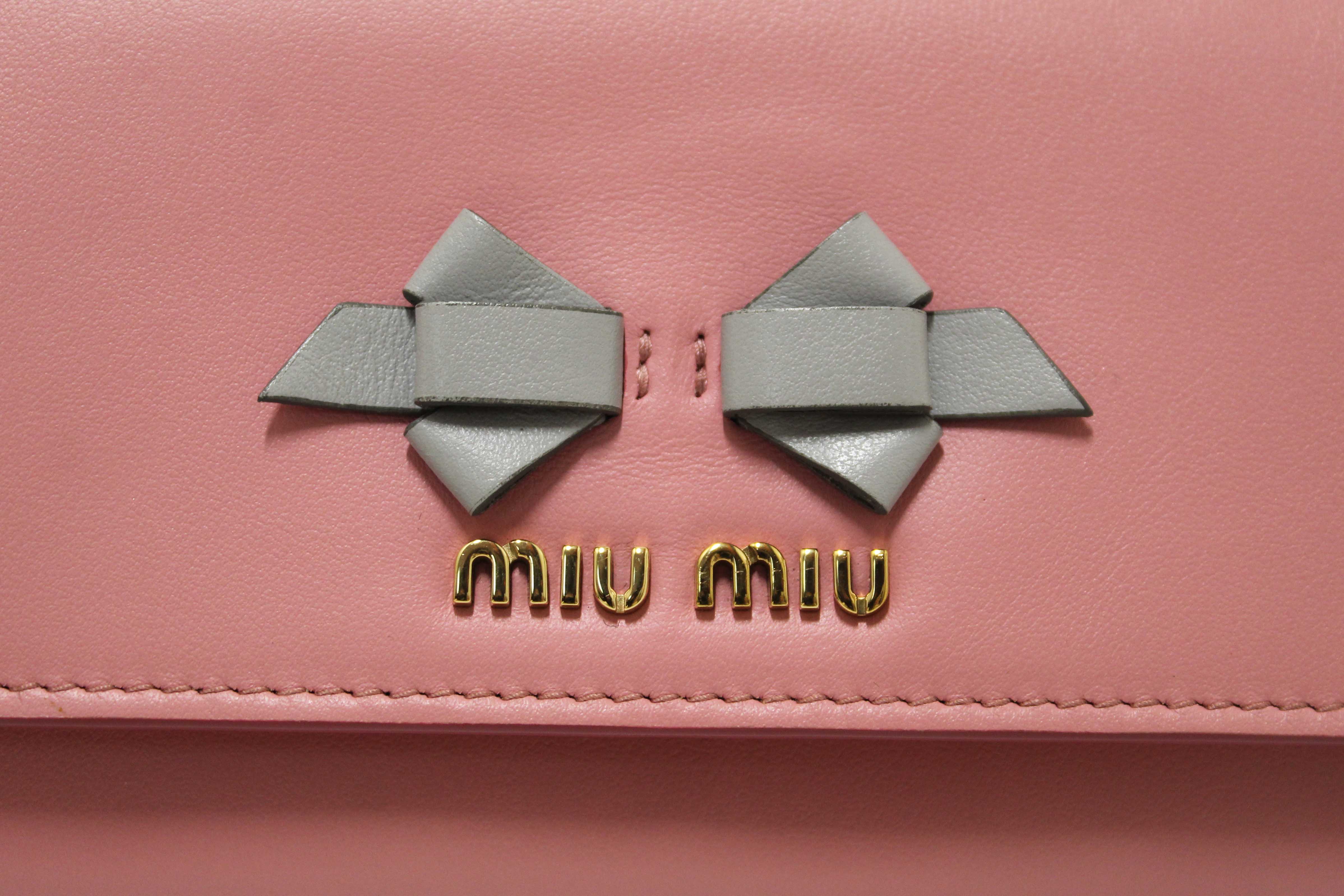 Authentic Miu Miu Pink Soft Calfskin Leather Fiocco Bow Long Wallet