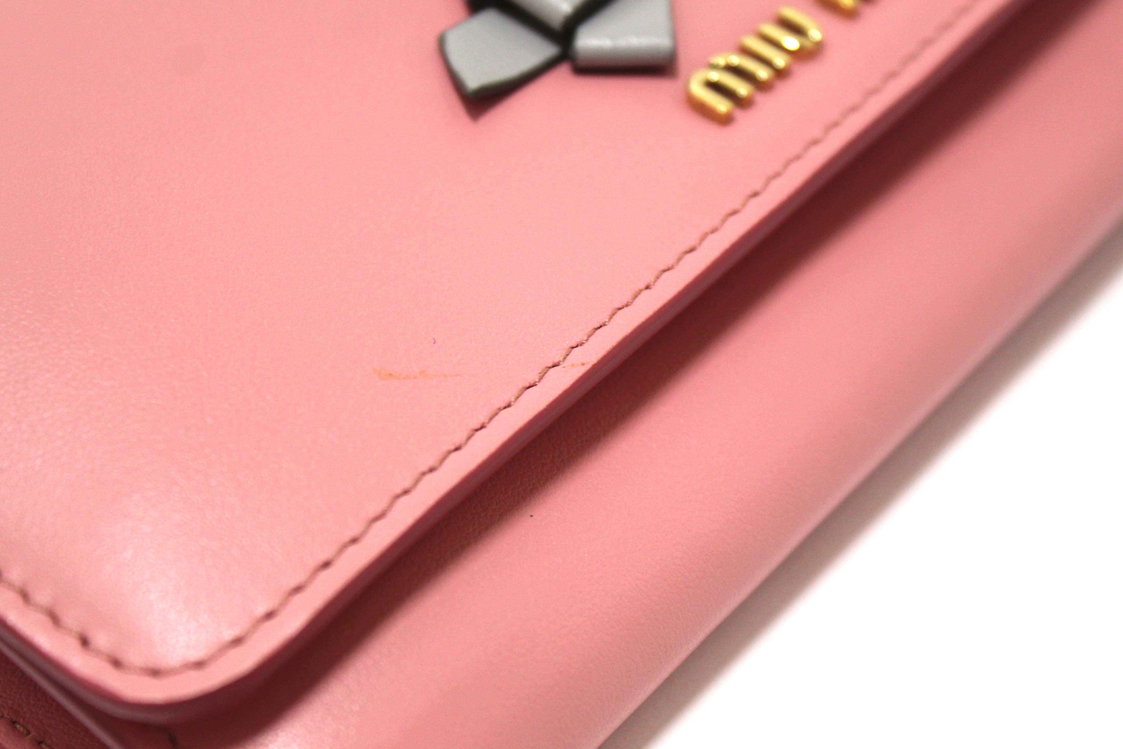 Authentic Miu Miu Pink Soft Calfskin Leather Fiocco Bow Long Wallet