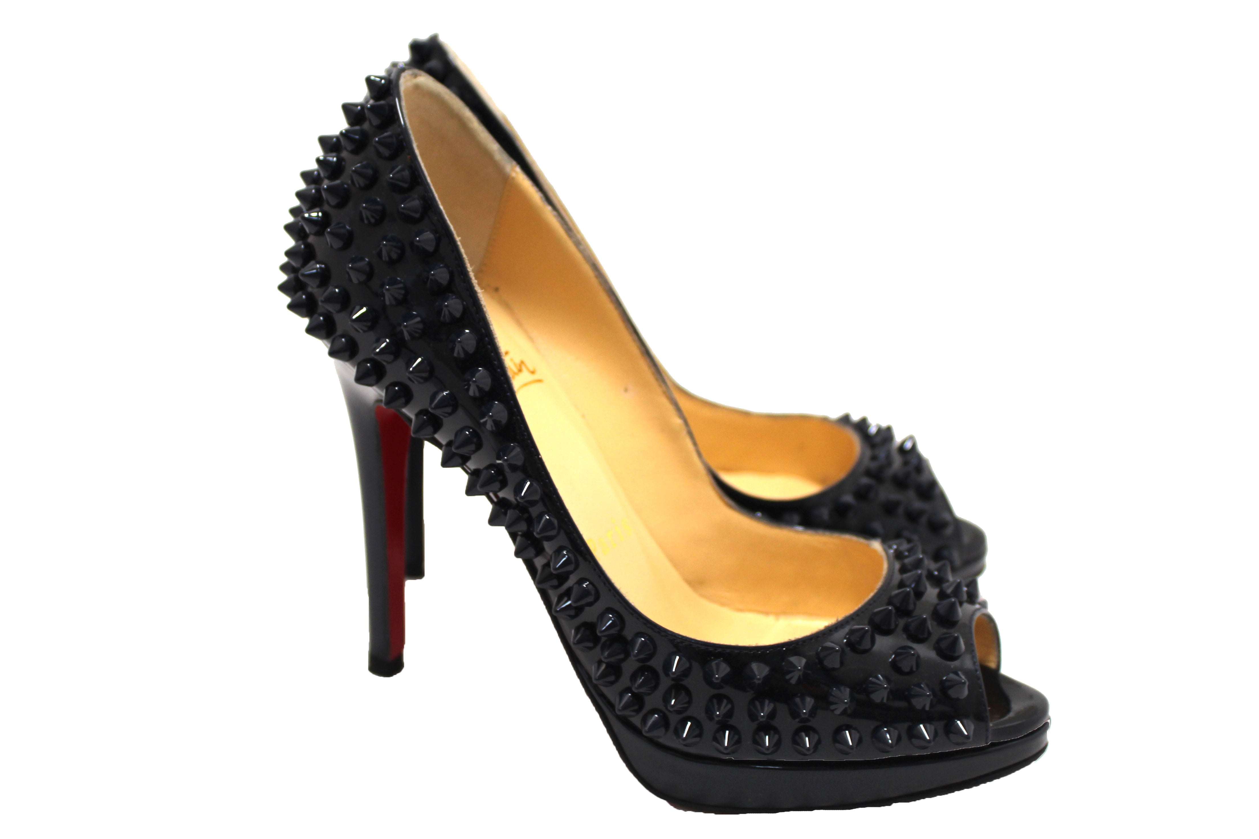 Authentic Christian Louboutin Blue Patent Leather Yolanda Spikes Peep Toe Pumps Size 34.5