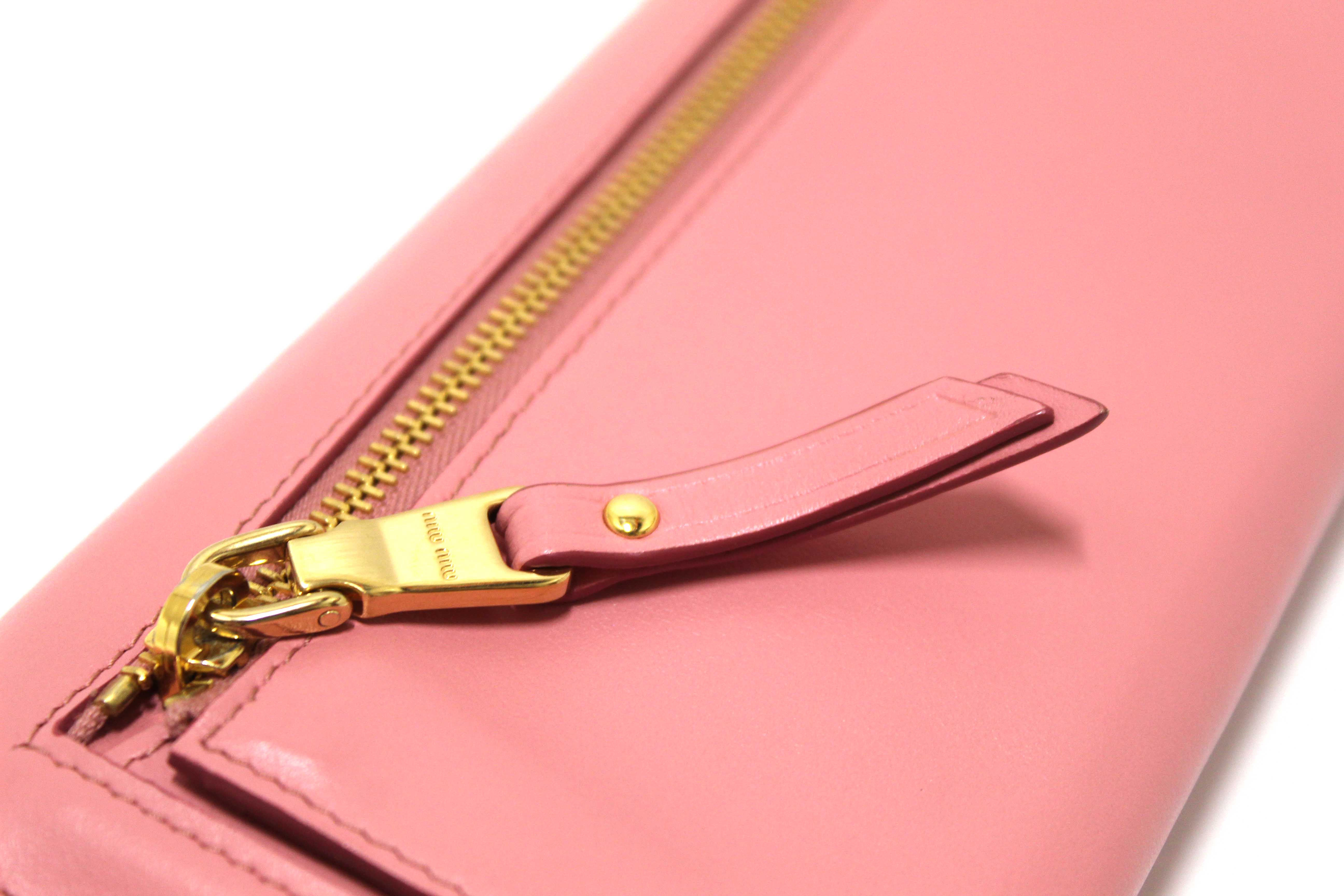 Authentic Miu Miu Pink Soft Calfskin Leather Fiocco Bow Long Wallet