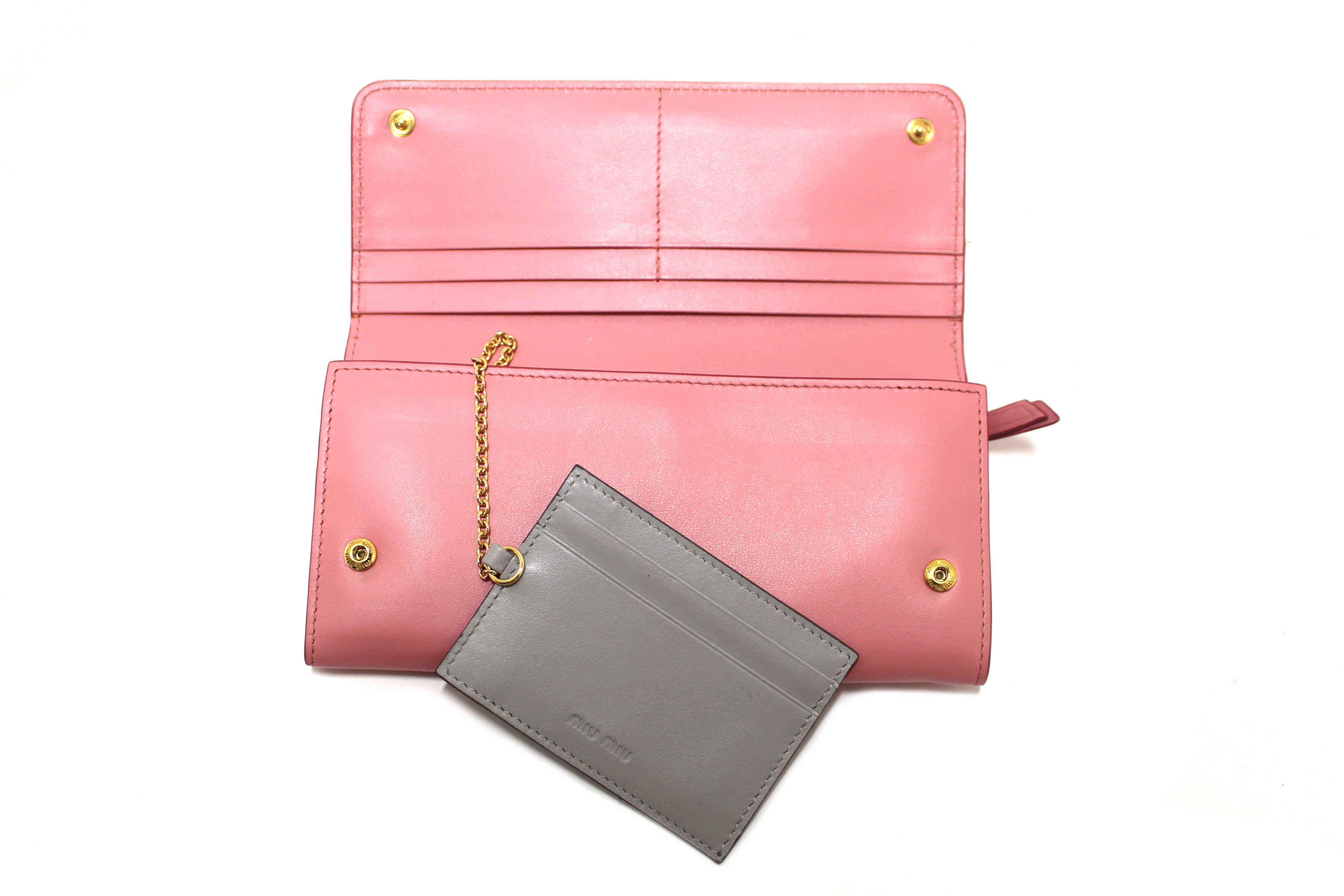 Authentic Miu Miu Pink Soft Calfskin Leather Fiocco Bow Long Wallet