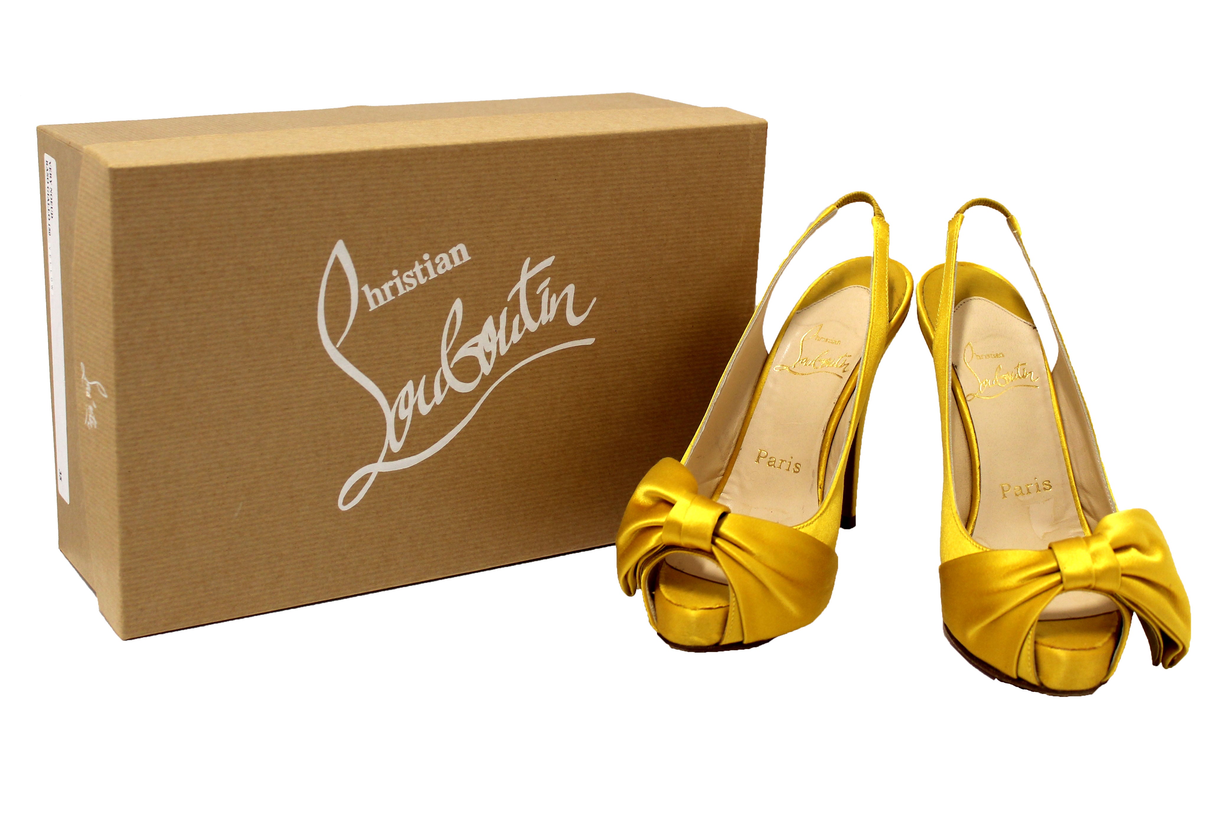 Authentic Christian Louboutin Yellow Satin Bow T Dorcet Peep Toe Pumps Size 35