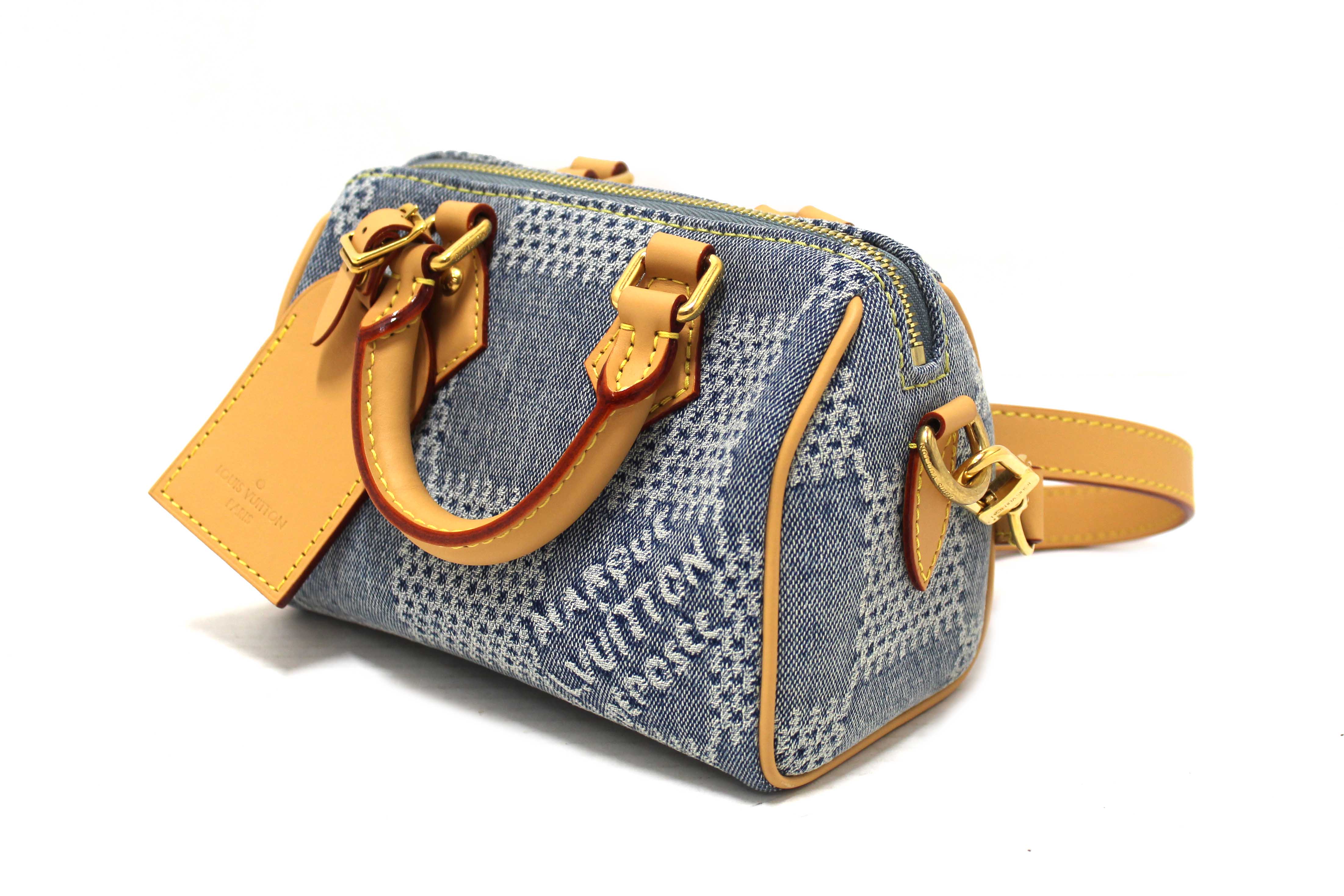 Authentic Louis Vuitton Damier Denim 3D Cotton Canvas Speedy 18 Bandoulière Bag