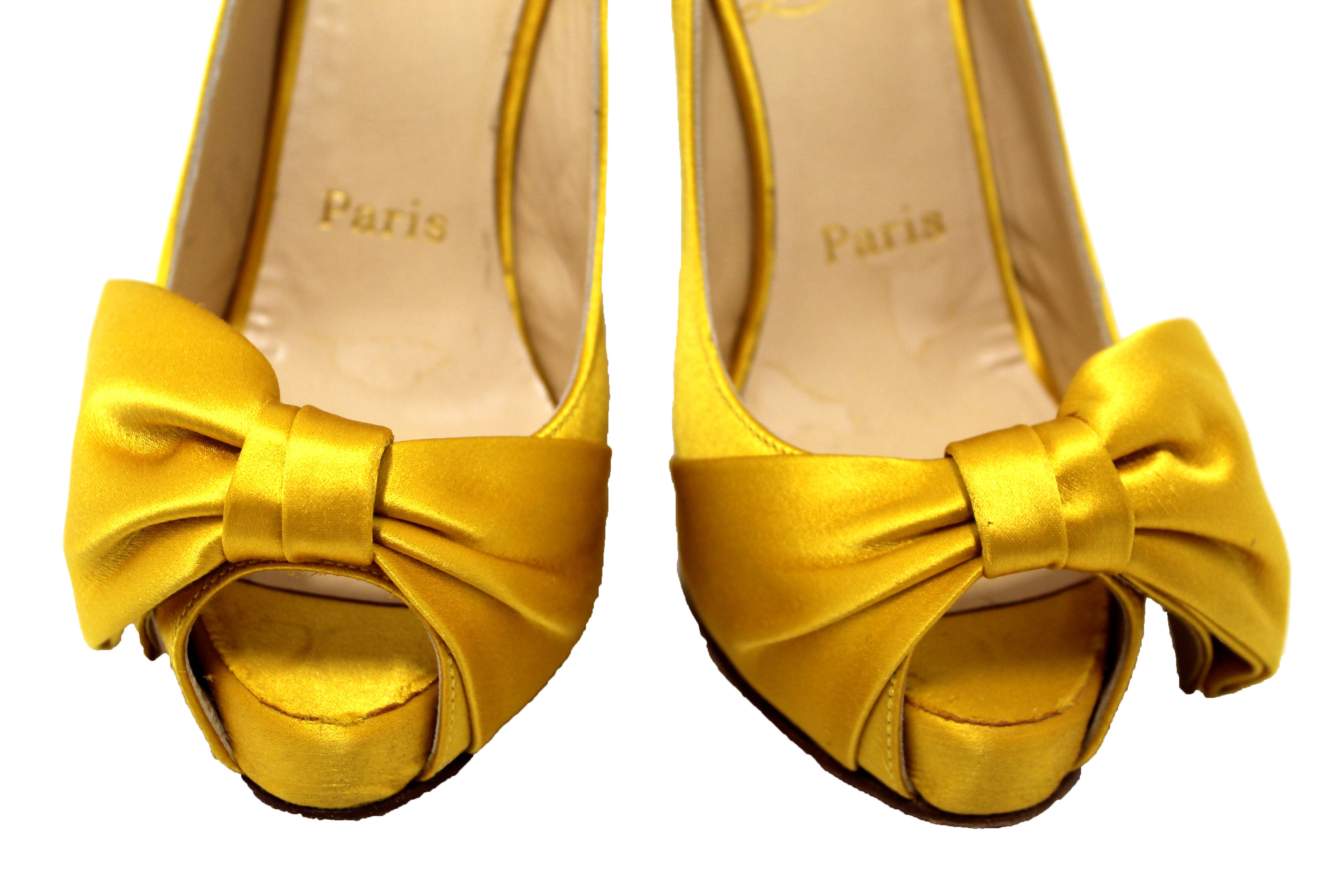 Authentic Christian Louboutin Yellow Satin Bow T Dorcet Peep Toe Pumps Size 35