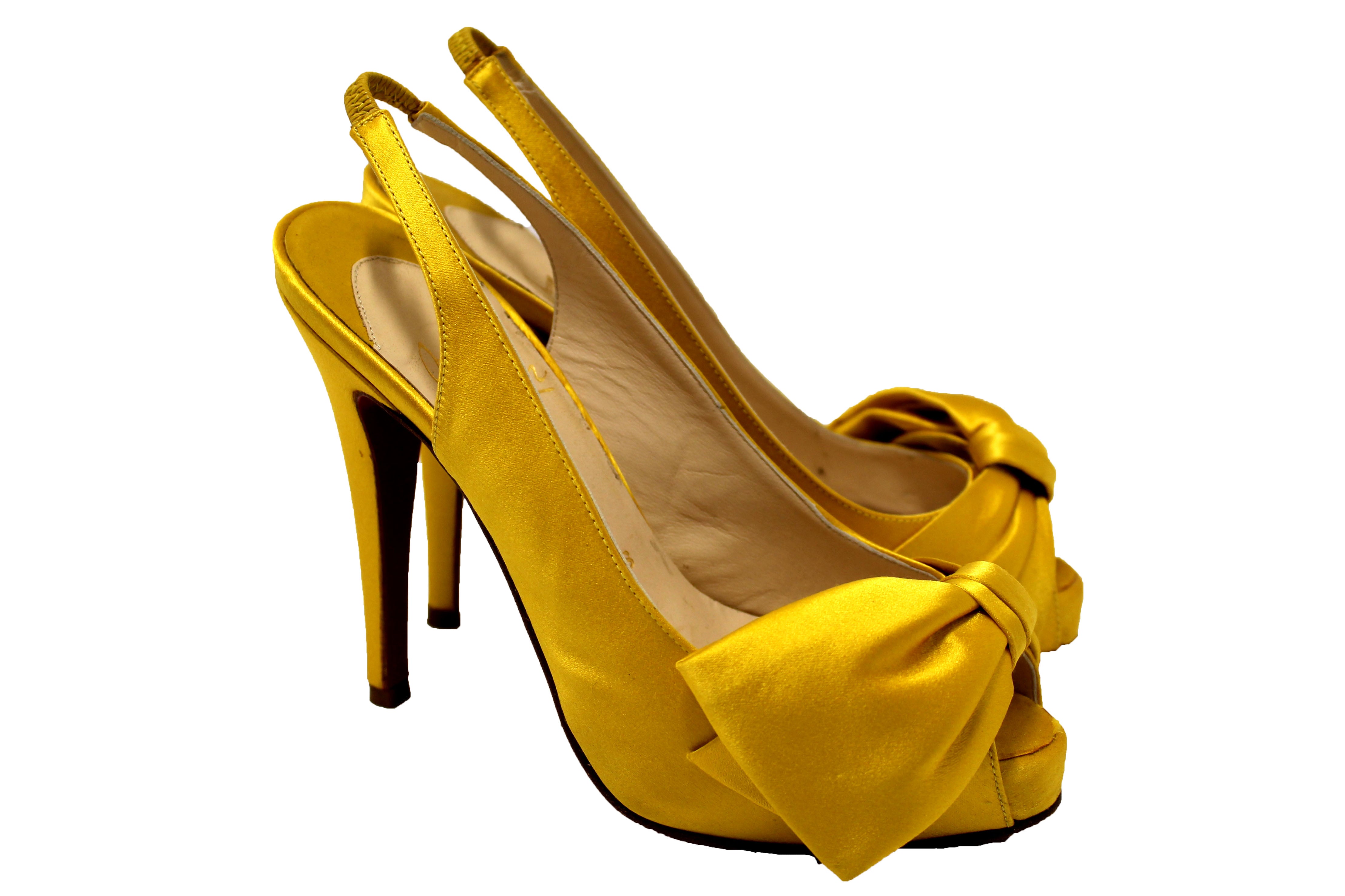 Authentic Christian Louboutin Yellow Satin Bow T Dorcet Peep Toe Pumps Size 35