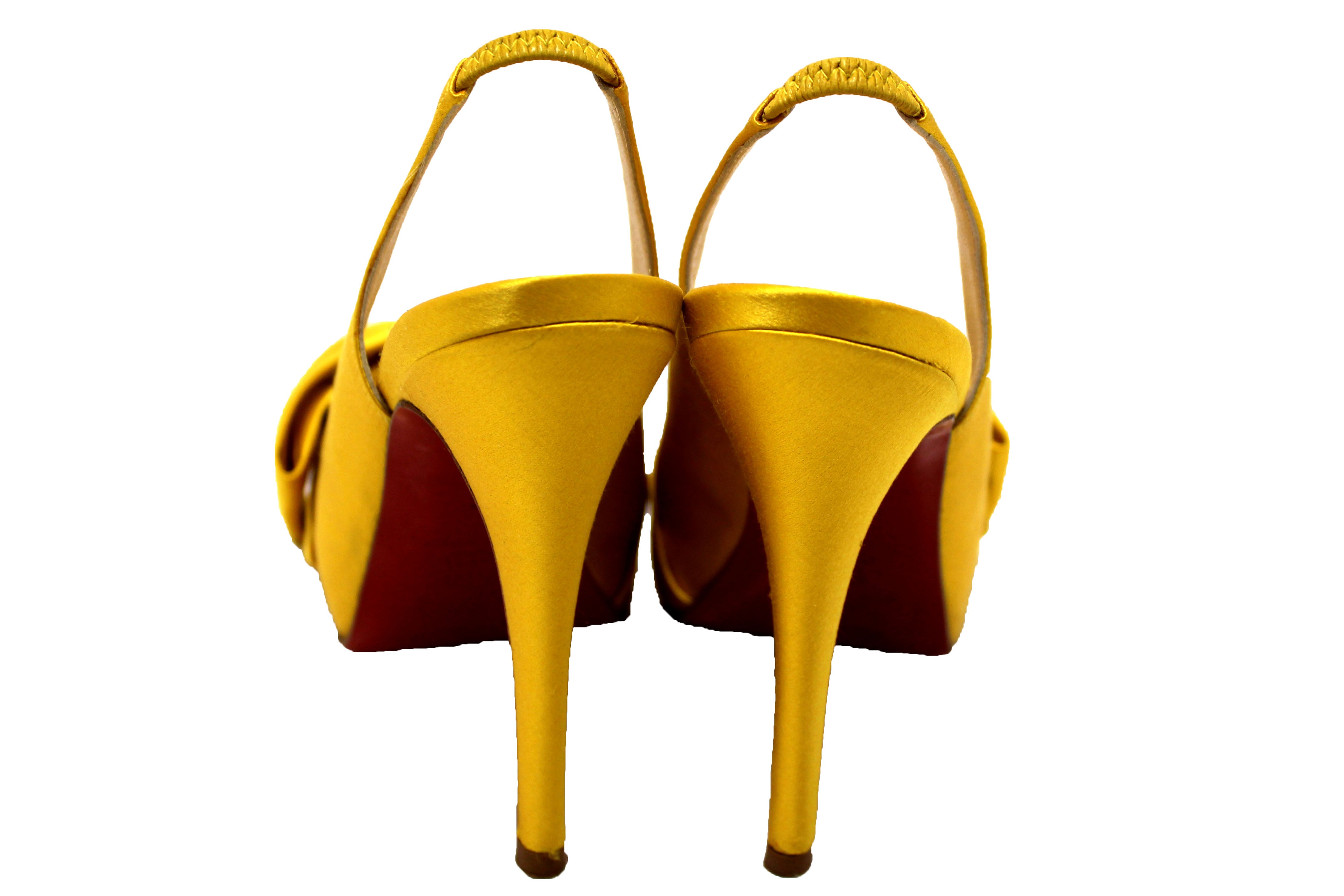 Authentic Christian Louboutin Yellow Satin Bow T Dorcet Peep Toe Pumps Size 35