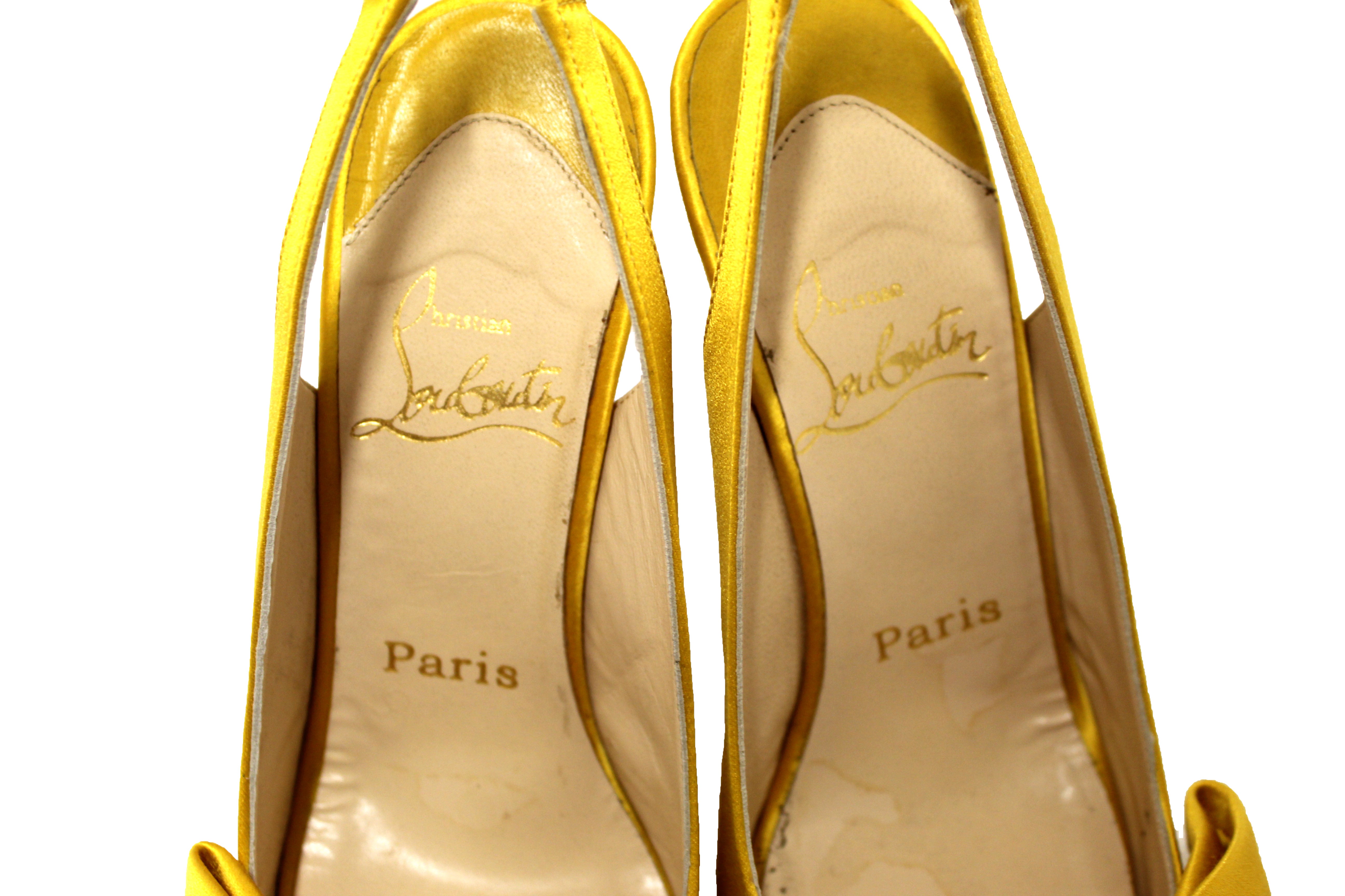 Authentic Christian Louboutin Yellow Satin Bow T Dorcet Peep Toe Pumps Size 35