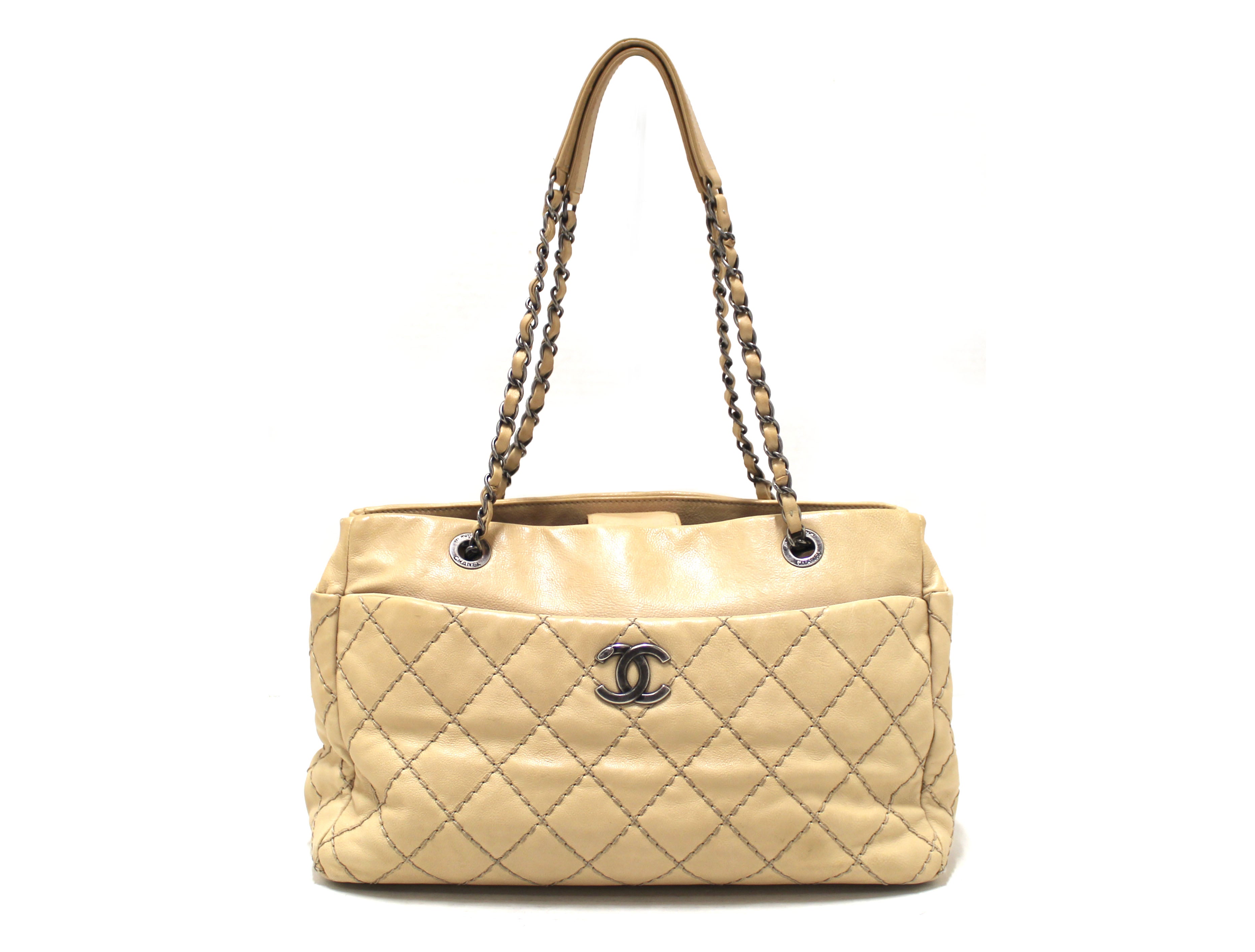 Chanel Stitched Calfskin Leather Medium Shopping Tote Beige with