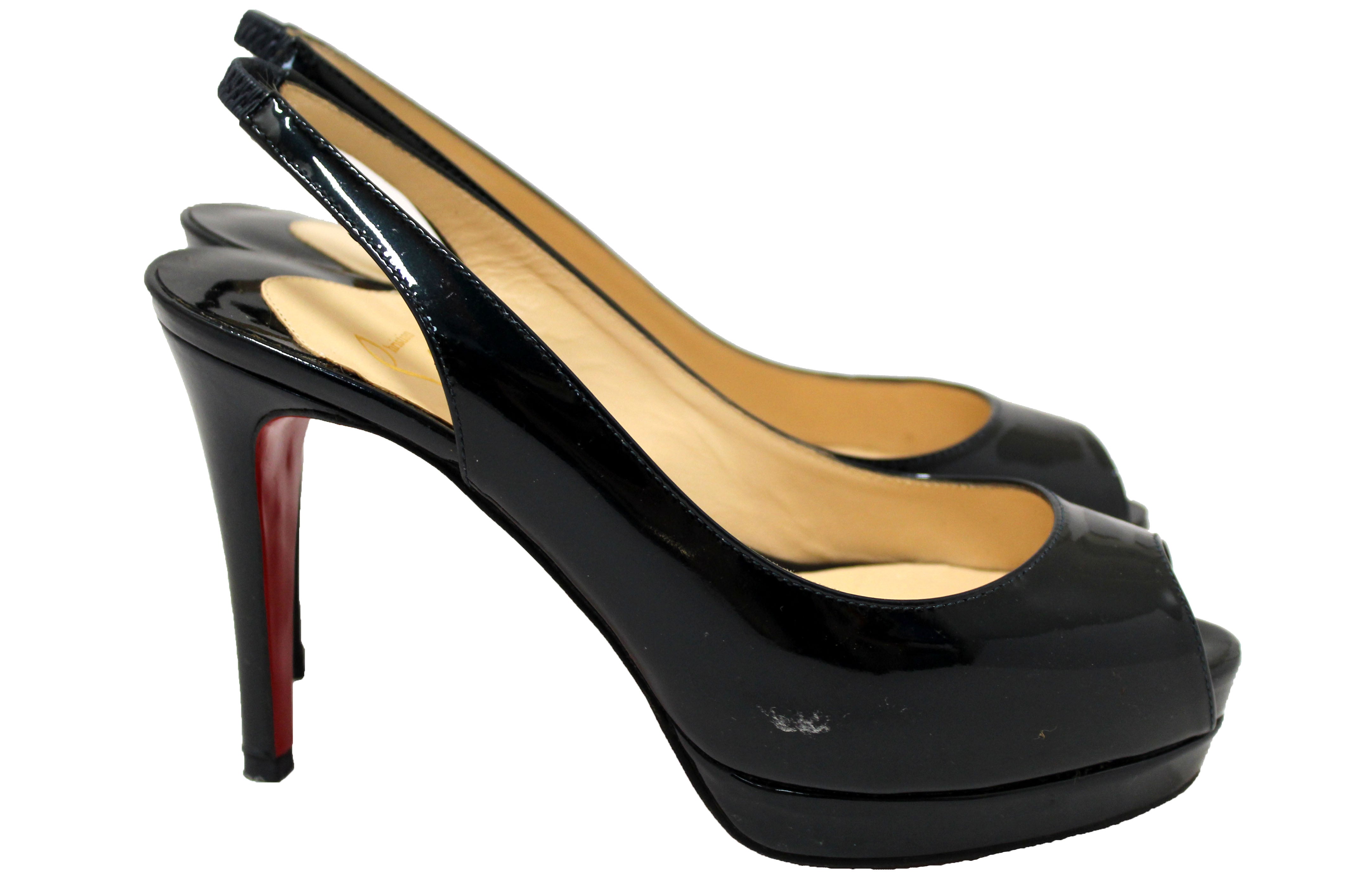 Authentic Christian Louboutin Blue Patent Leather Lady Peep Toe Platform Pumps Size 34.5