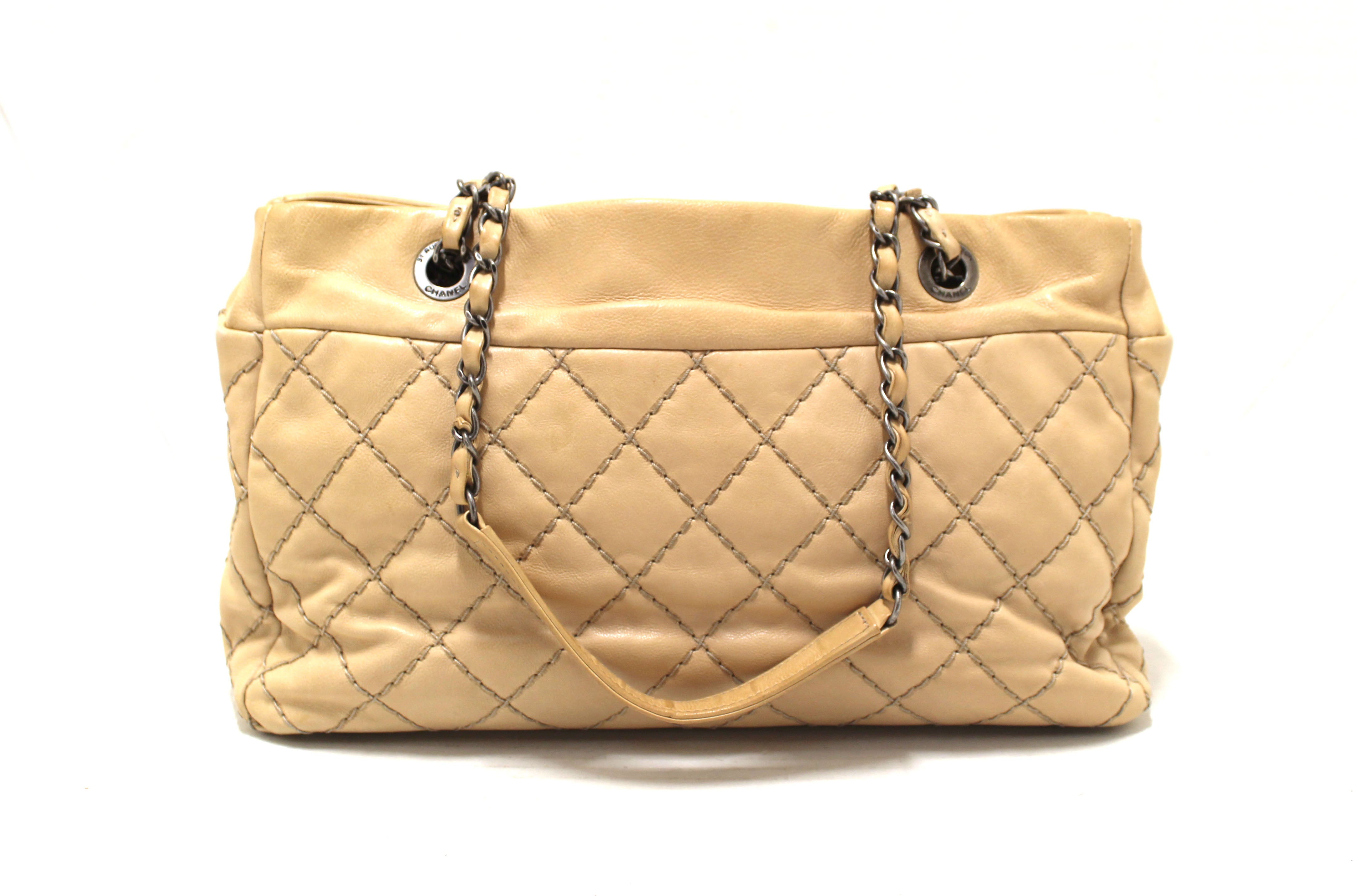 Authentic Chanel 31 Rue Cambon Paris Beige Stitched Quilted Lambskin  Leather Tote Shoulder Bag