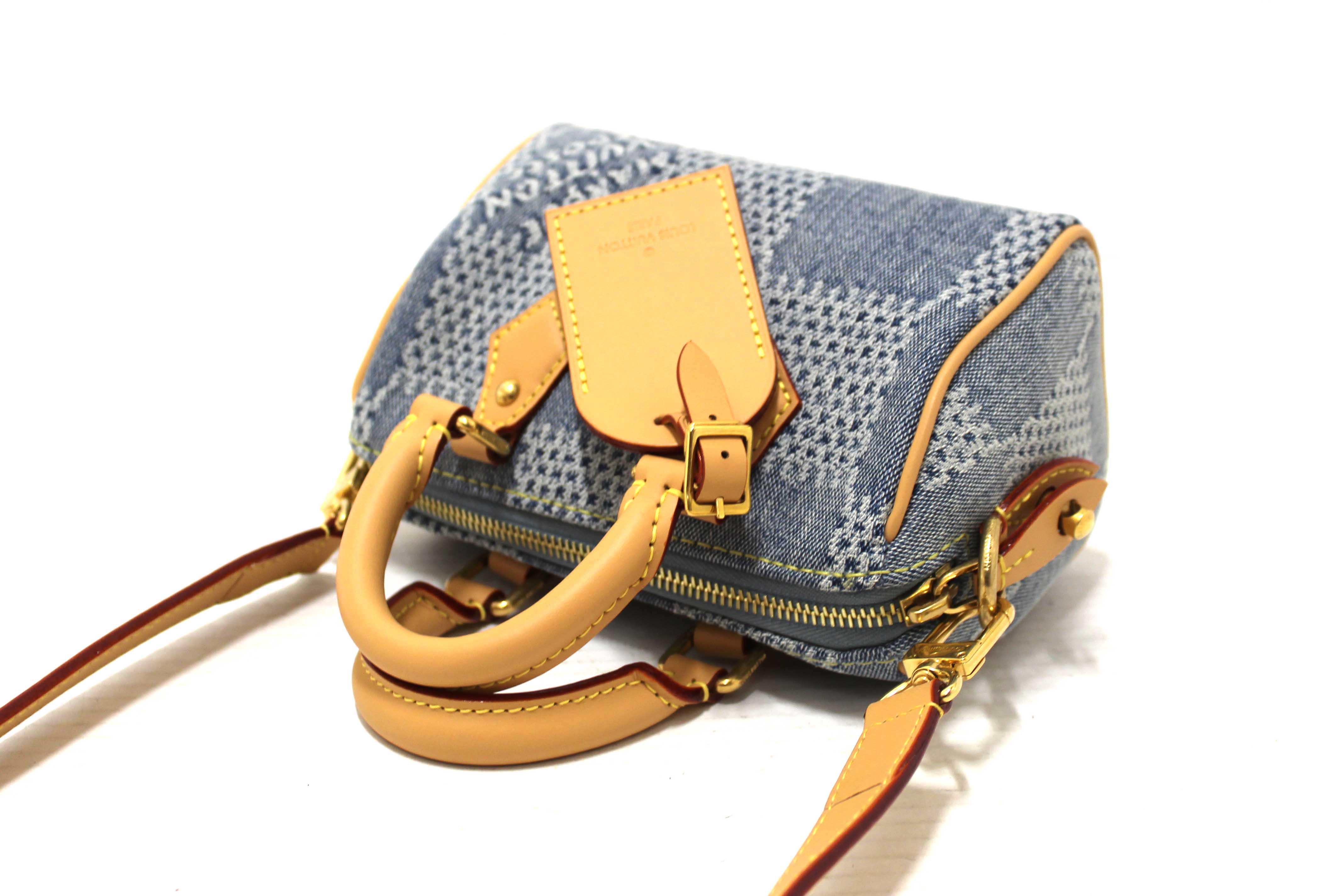 Authentic Louis Vuitton Damier Denim 3D Cotton Canvas Speedy 18 Bandoulière Bag