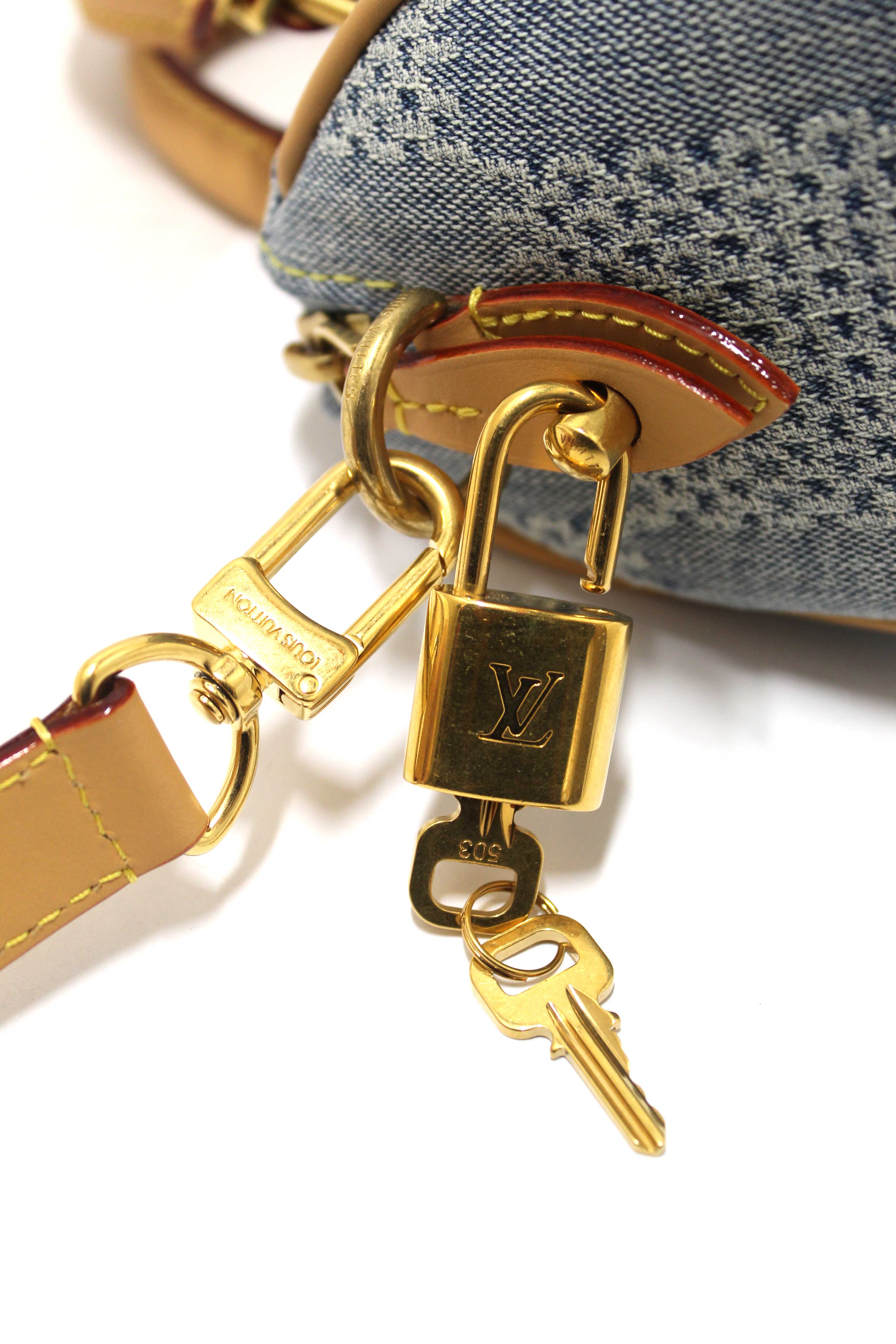 Authentic Louis Vuitton Damier Denim 3D Cotton Canvas Speedy 18 Bandoulière Bag