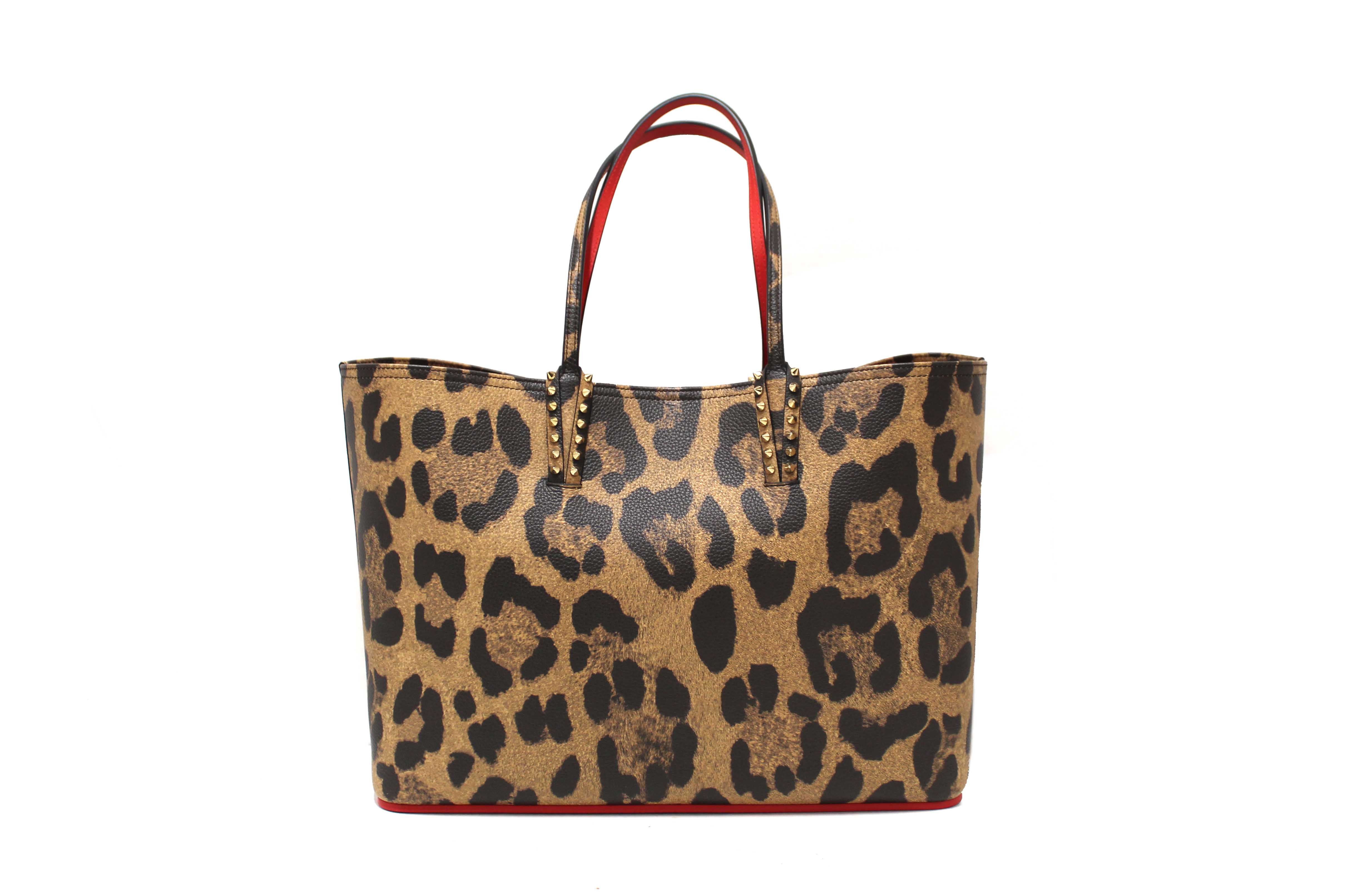 Authentic Christian Louboutin Leopard Printed Leather Cabata Spiked Large Tote Bag