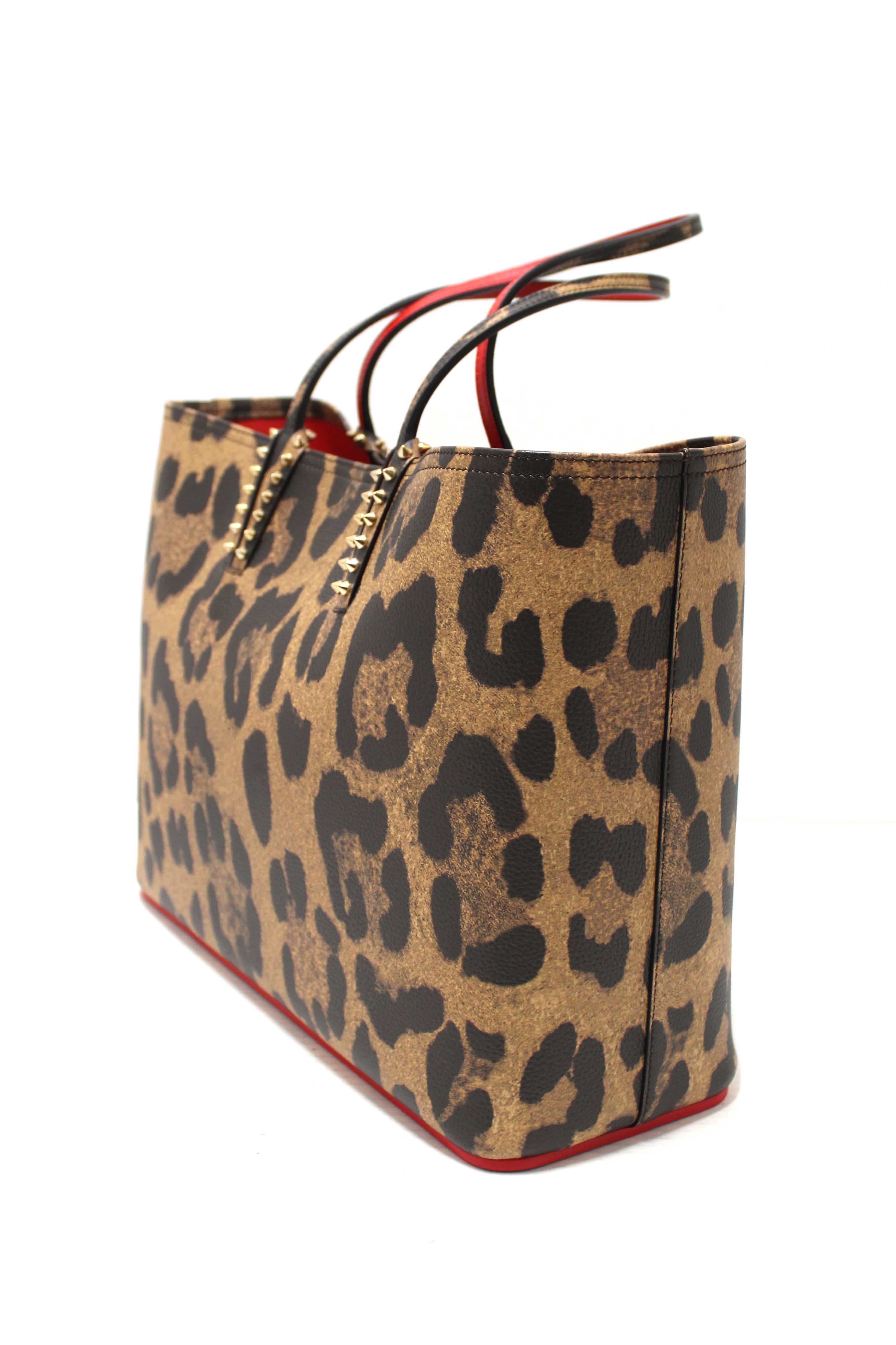 Authentic Christian Louboutin Leopard Printed Leather Cabata Spiked Large Tote Bag