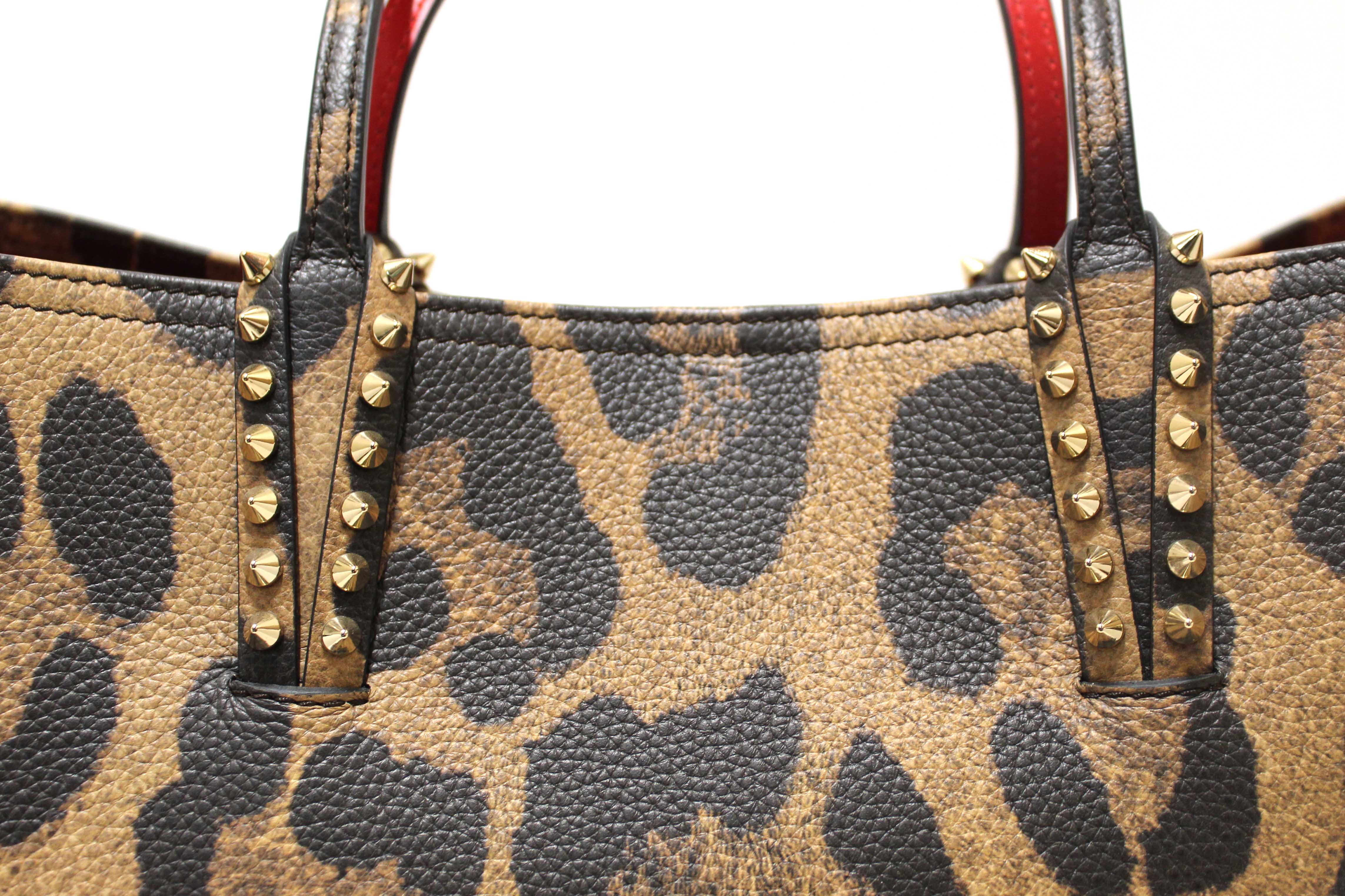 Authentic Christian Louboutin Leopard Printed Leather Cabata Spiked Large Tote Bag