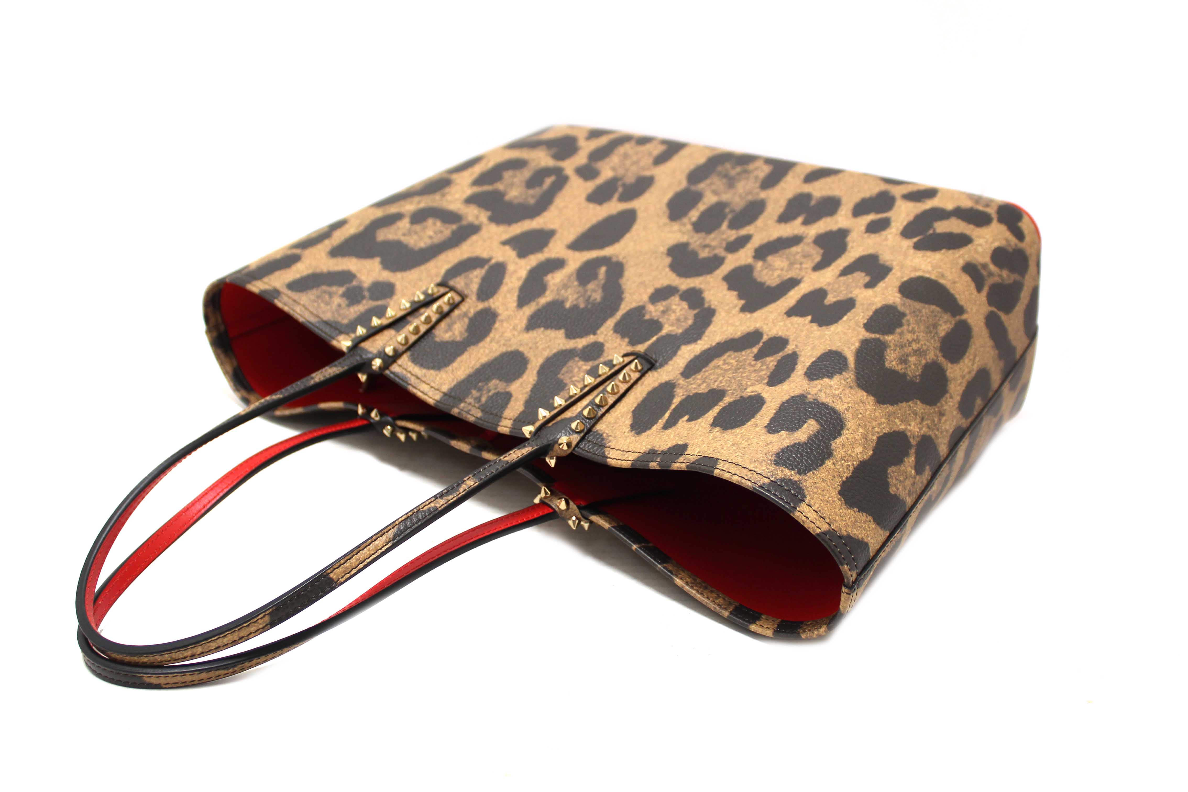 Authentic Christian Louboutin Leopard Printed Leather Cabata Spiked Large Tote Bag