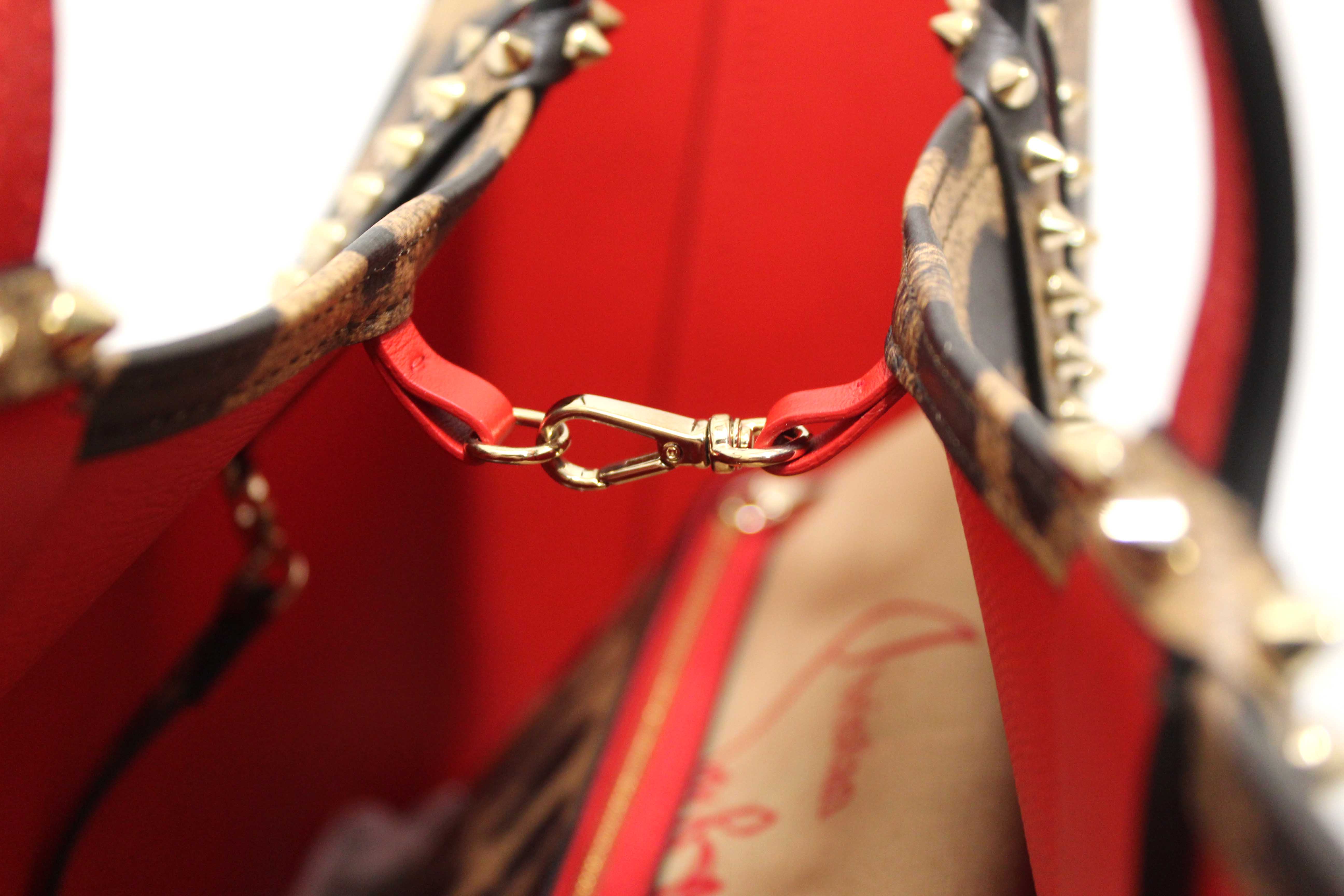 Authentic Christian Louboutin Leopard Printed Leather Cabata Spiked Large Tote Bag