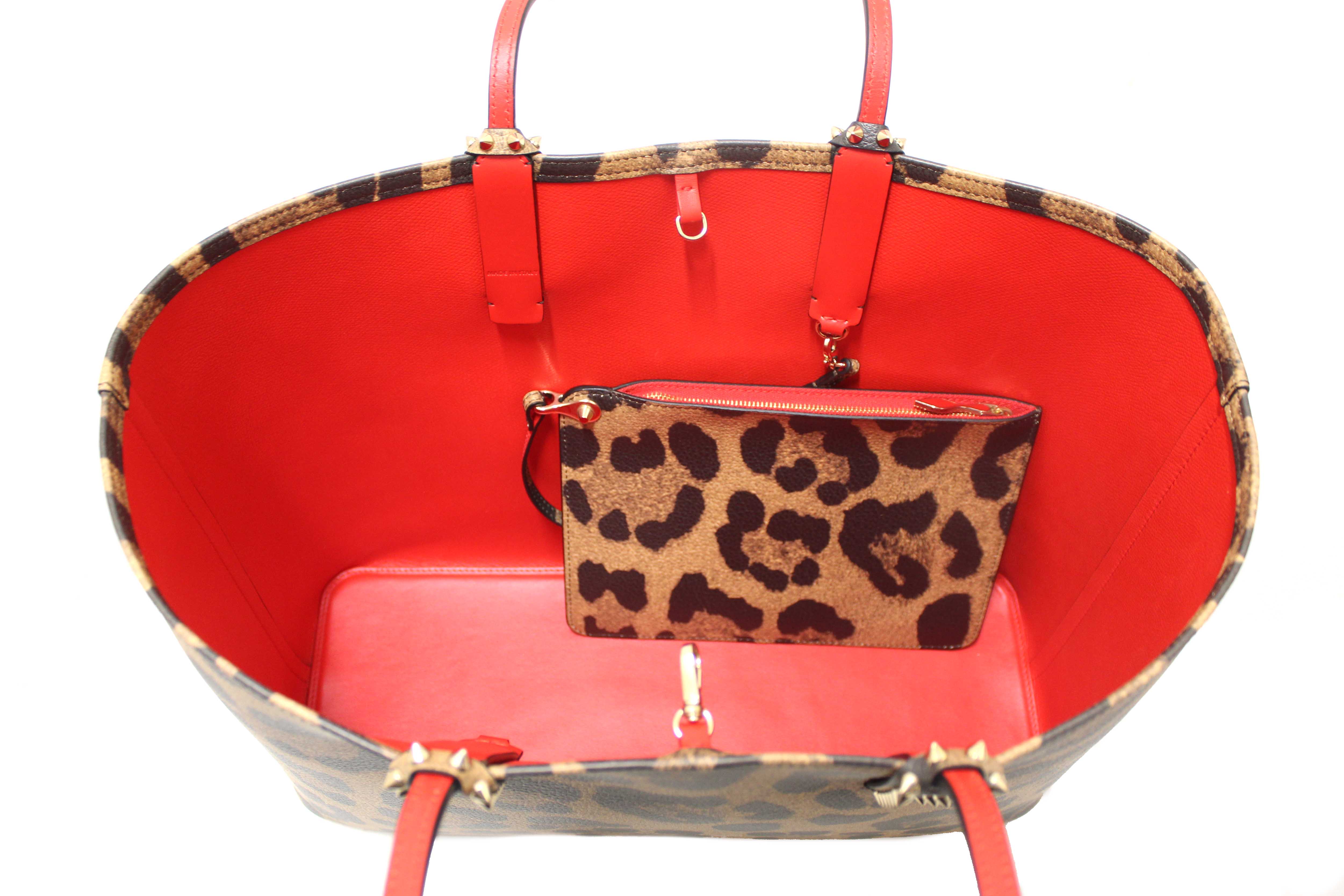 Authentic Christian Louboutin Leopard Printed Leather Cabata Spiked Large Tote Bag