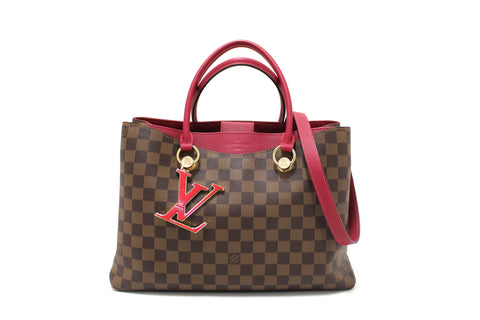 Authentic Louis Vuitton Damier Ebene Canvas With Red Leather Riverside Bag