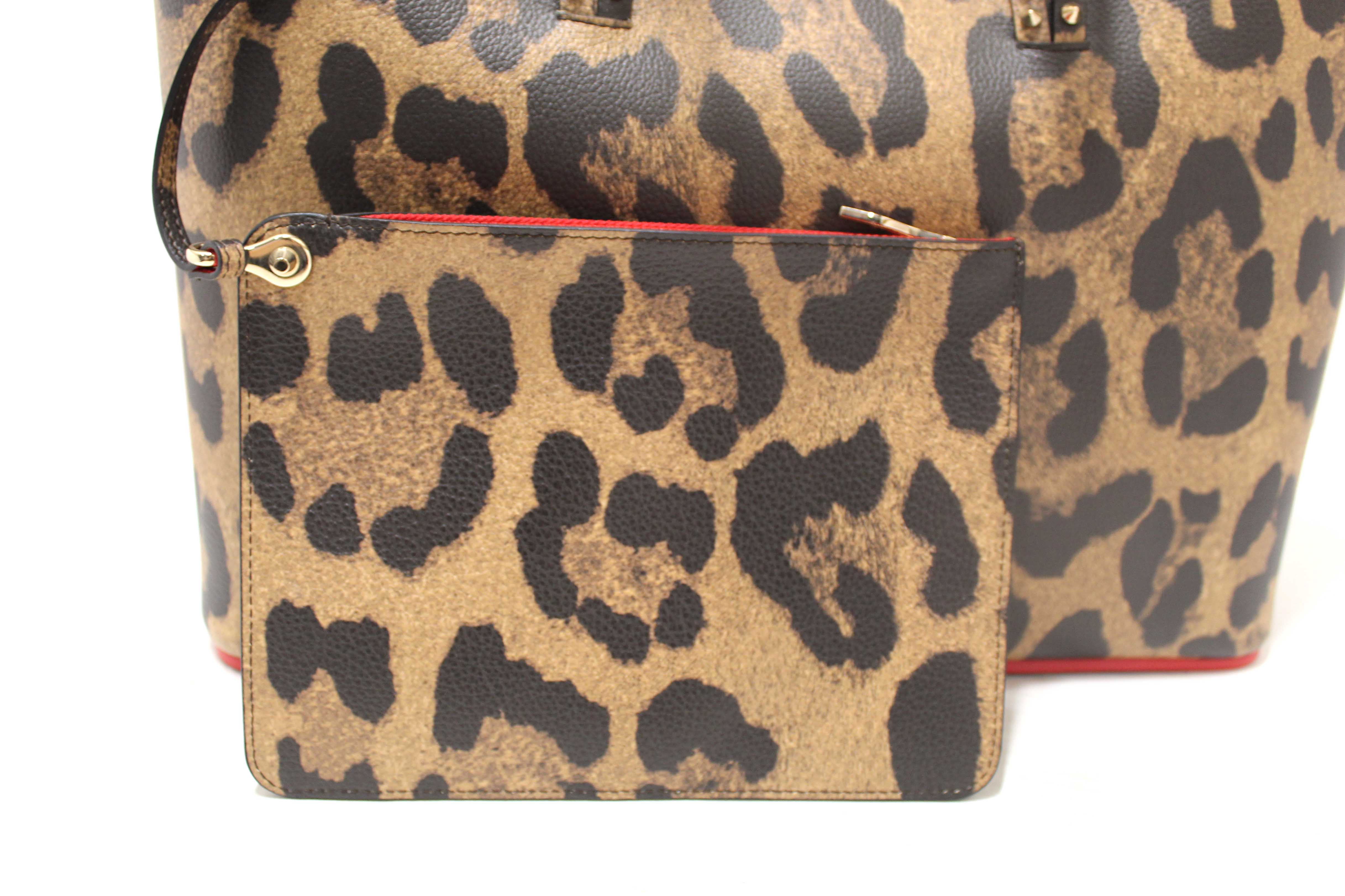 Authentic Christian Louboutin Leopard Printed Leather Cabata Spiked Large Tote Bag