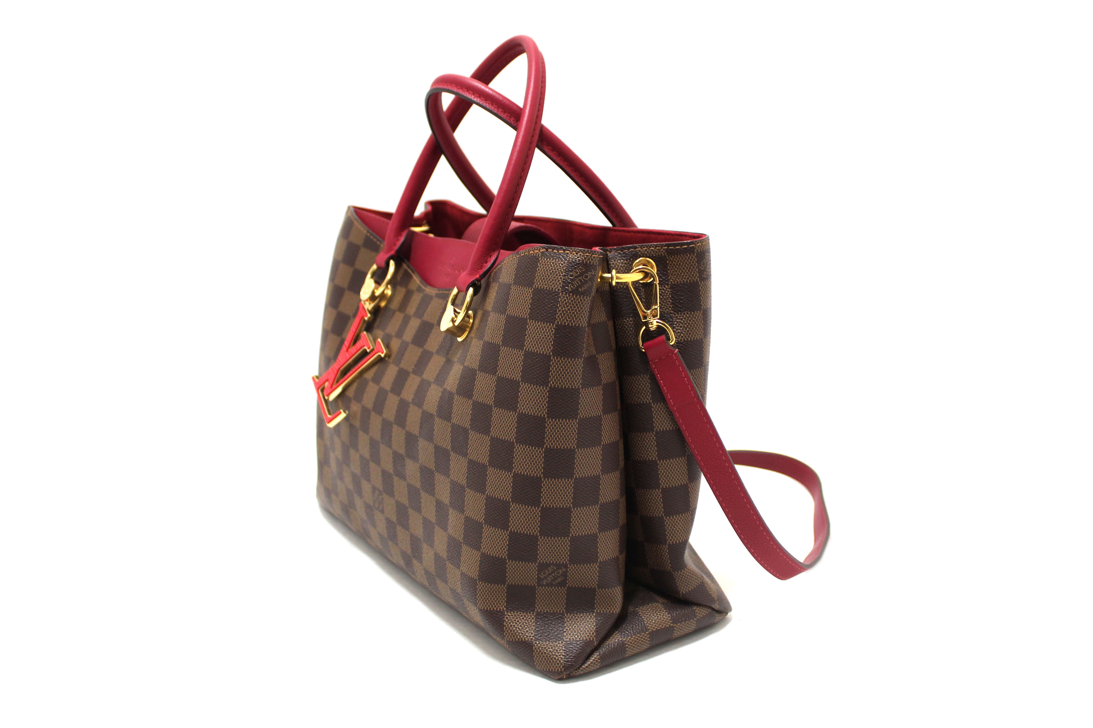 Authentic Louis Vuitton Damier Ebene Canvas With Red Leather Riverside Bag