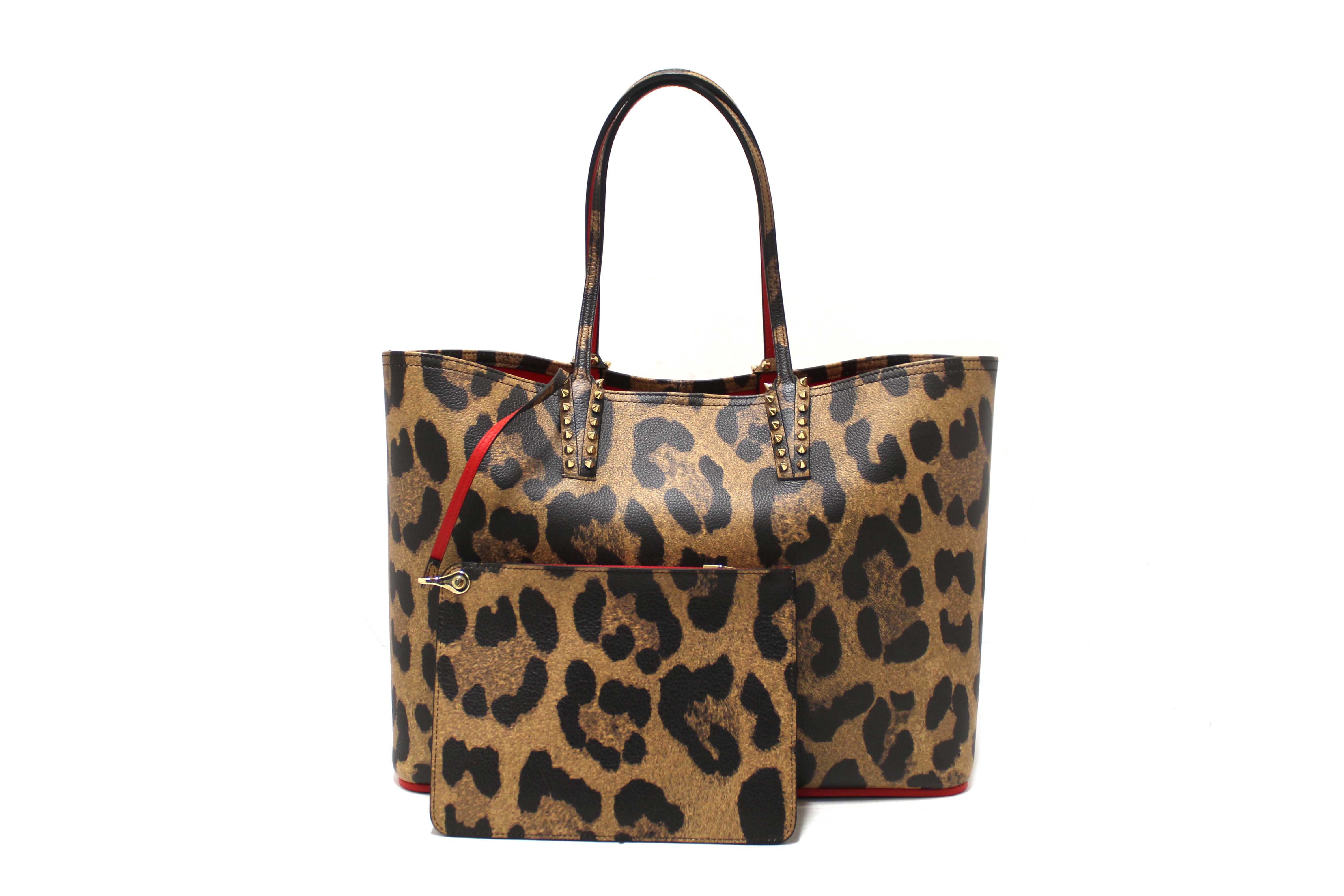 Authentic Christian Louboutin Leopard Printed Leather Cabata Spiked Large Tote Bag