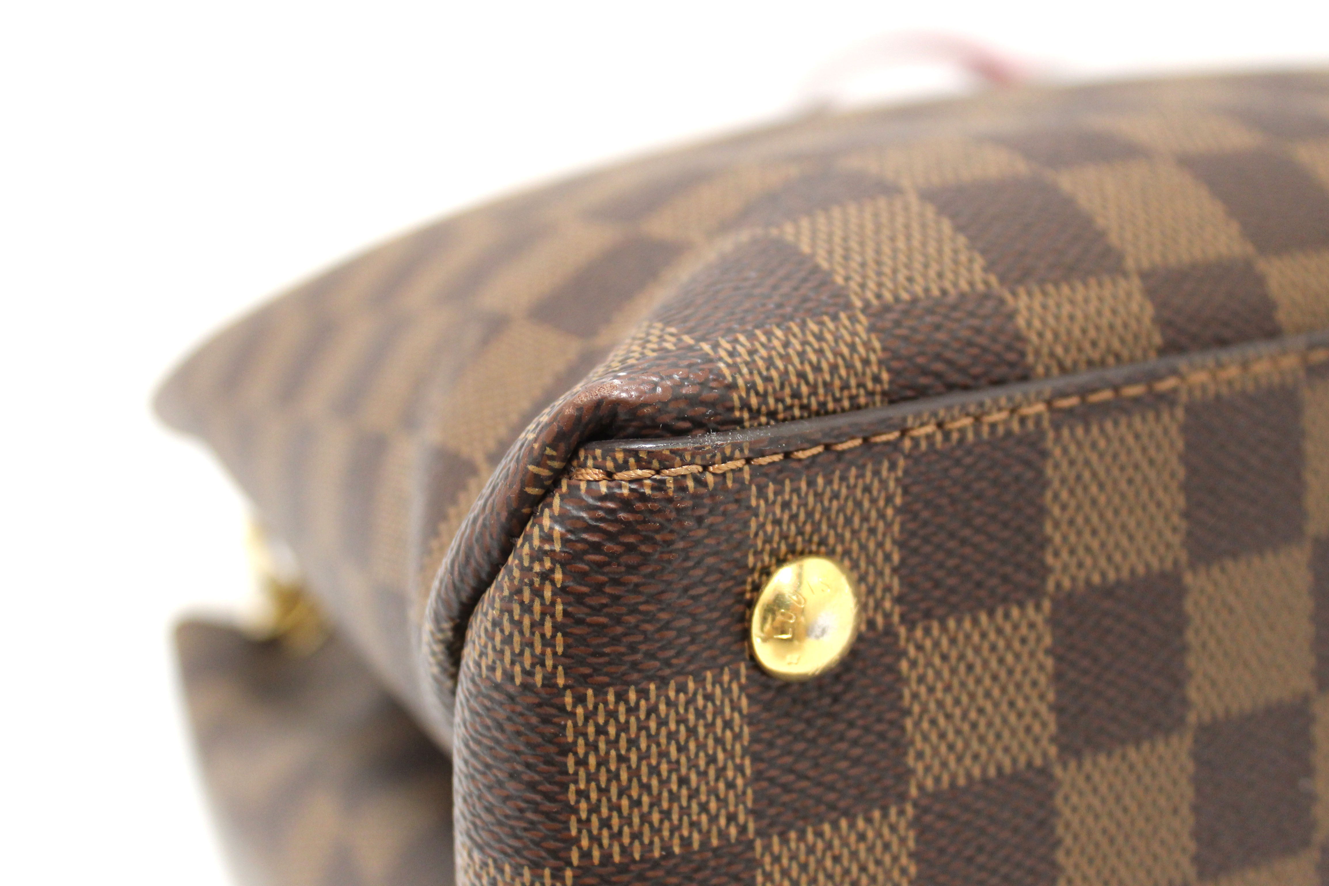 Authentic Louis Vuitton Damier Ebene Canvas With Red Leather Riverside Bag