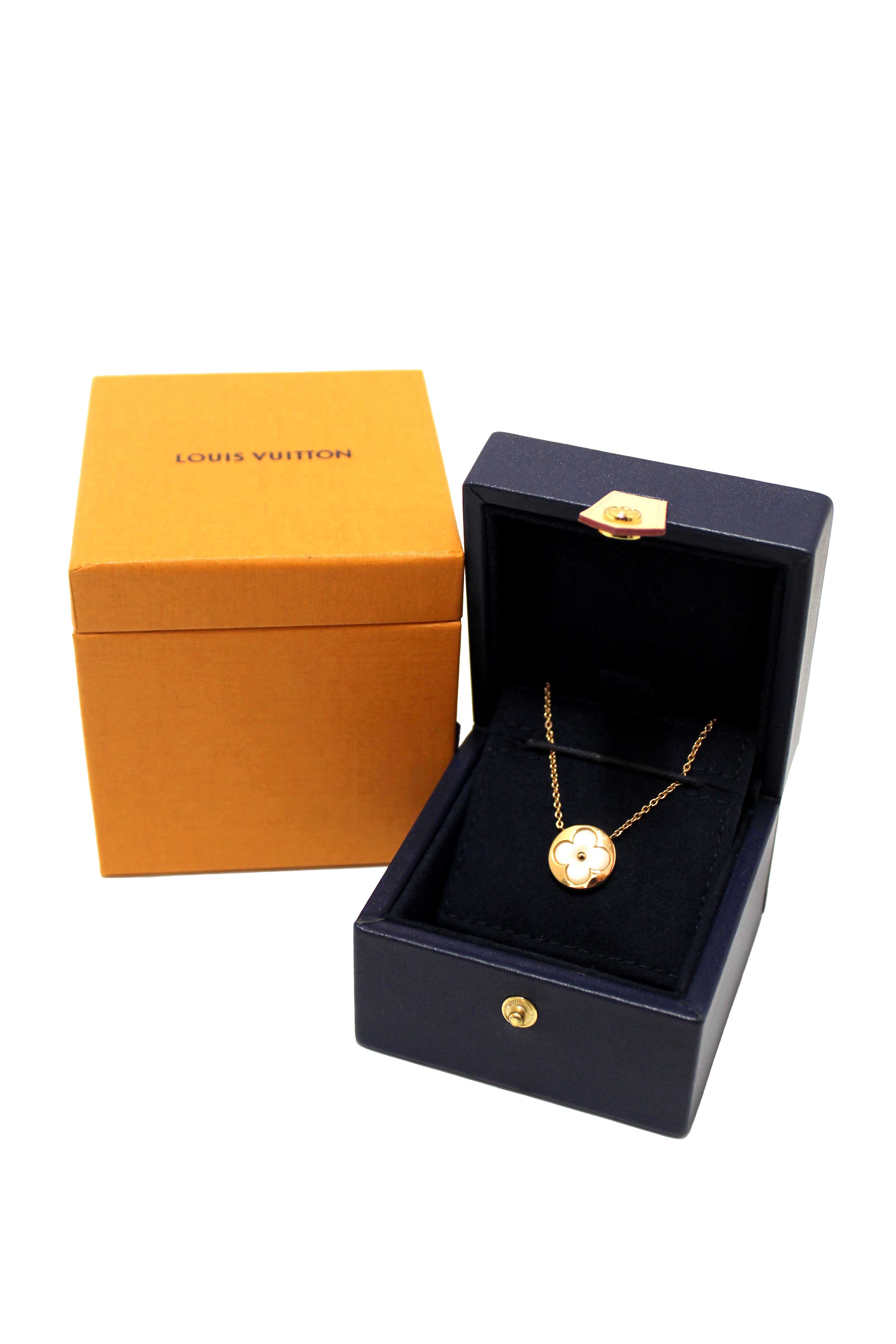 Authentic Louis Vuitton Pink Gold and White Mother-Of-Pearl Color Blossom Sun Pendant Necklace