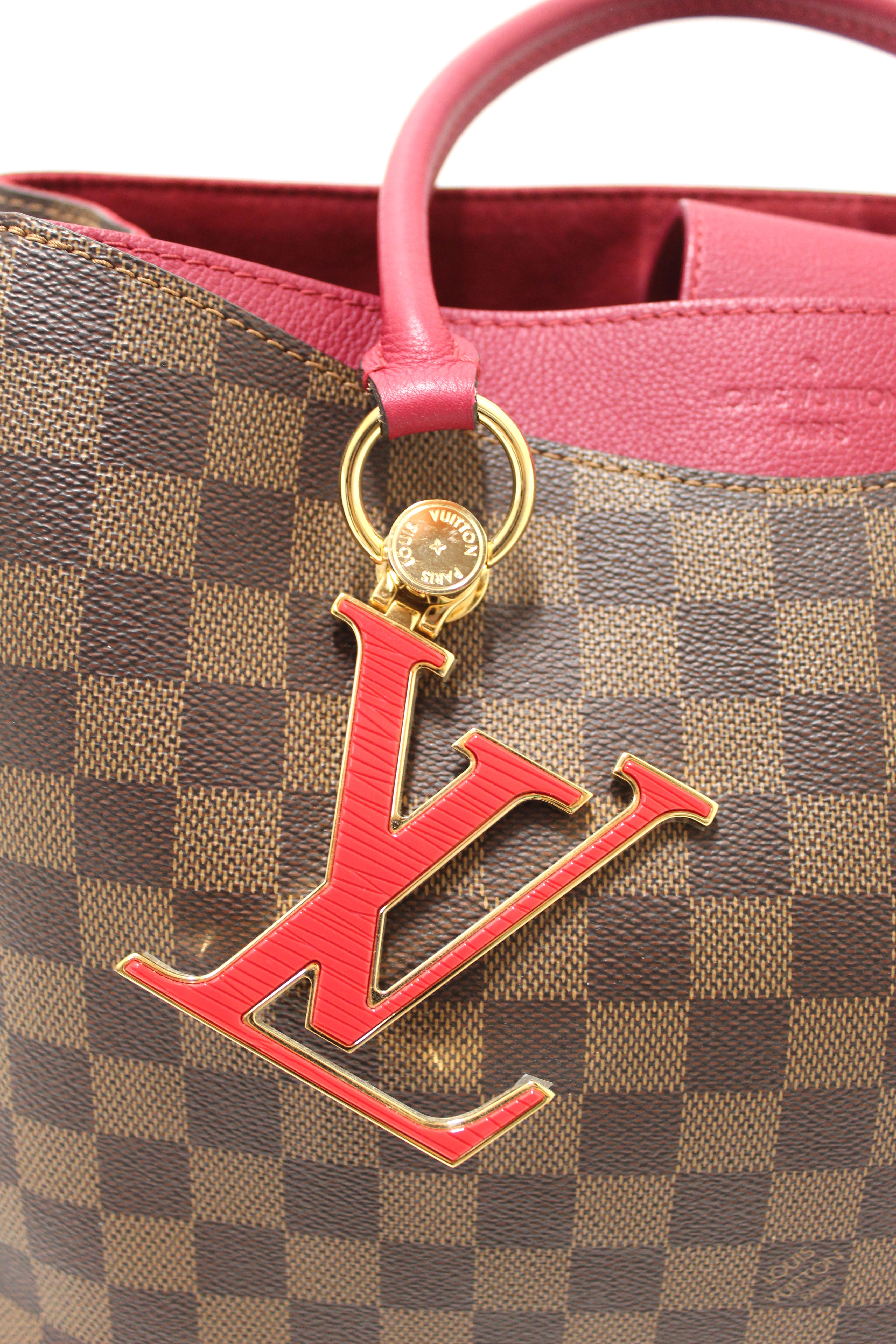 Authentic Louis Vuitton Damier Ebene Canvas With Red Leather Riverside Bag