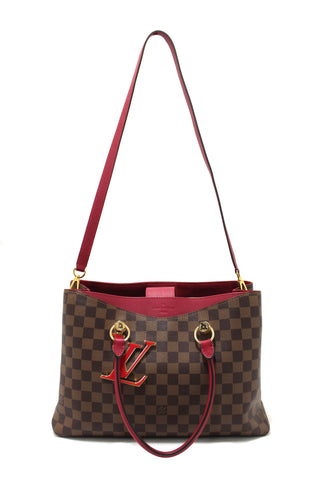 Authentic Louis Vuitton Damier Ebene Canvas With Red Leather Riverside Bag