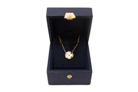Authentic Louis Vuitton Pink Gold and White Mother-Of-Pearl Color Blossom Sun Pendant Necklace