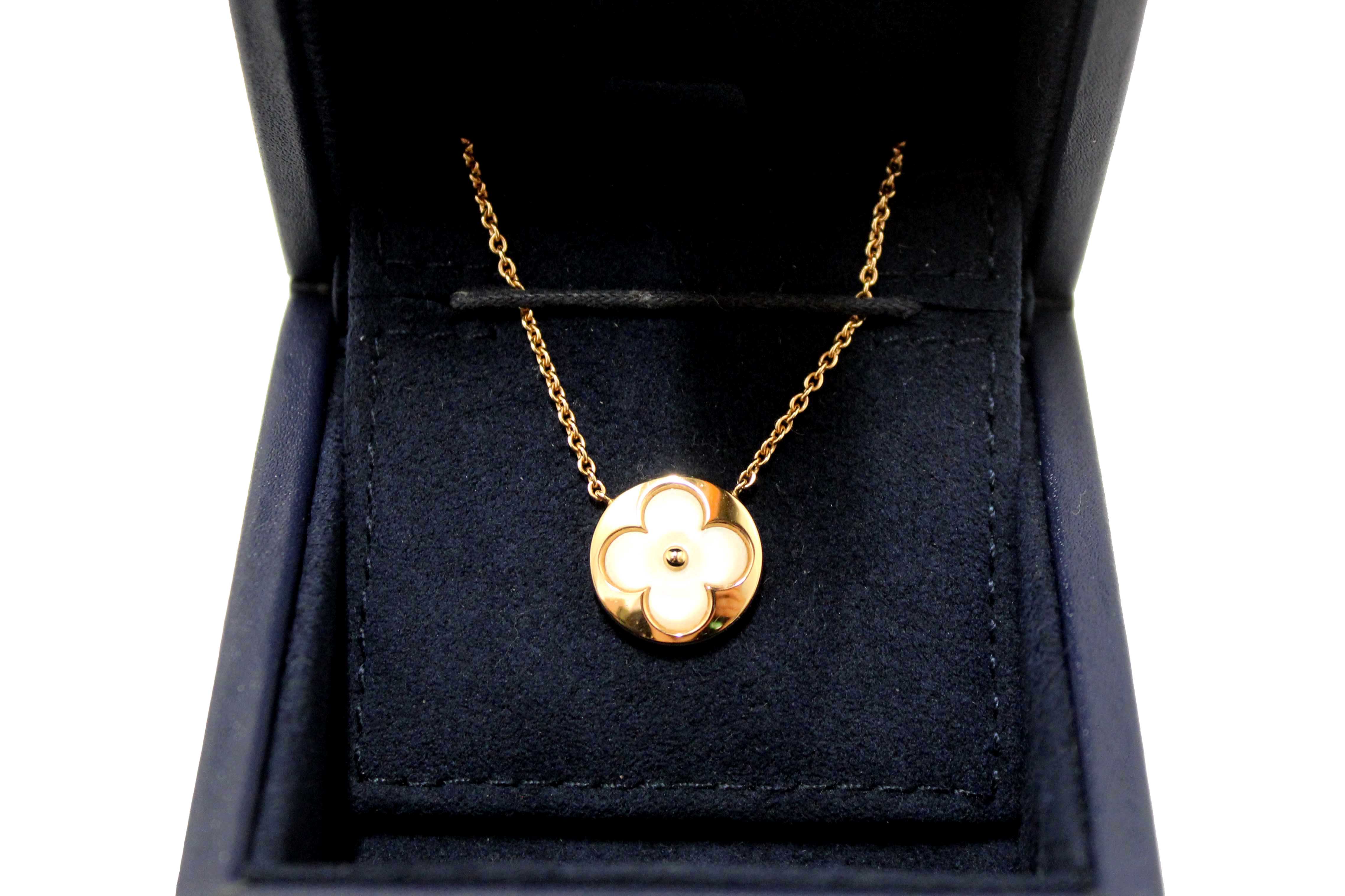 Authentic Louis Vuitton Pink Gold and White Mother-Of-Pearl Color Blossom Sun Pendant Necklace