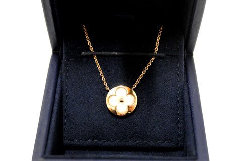 Authentic Louis Vuitton Pink Gold and White Mother-Of-Pearl Color Blossom Sun Pendant Necklace