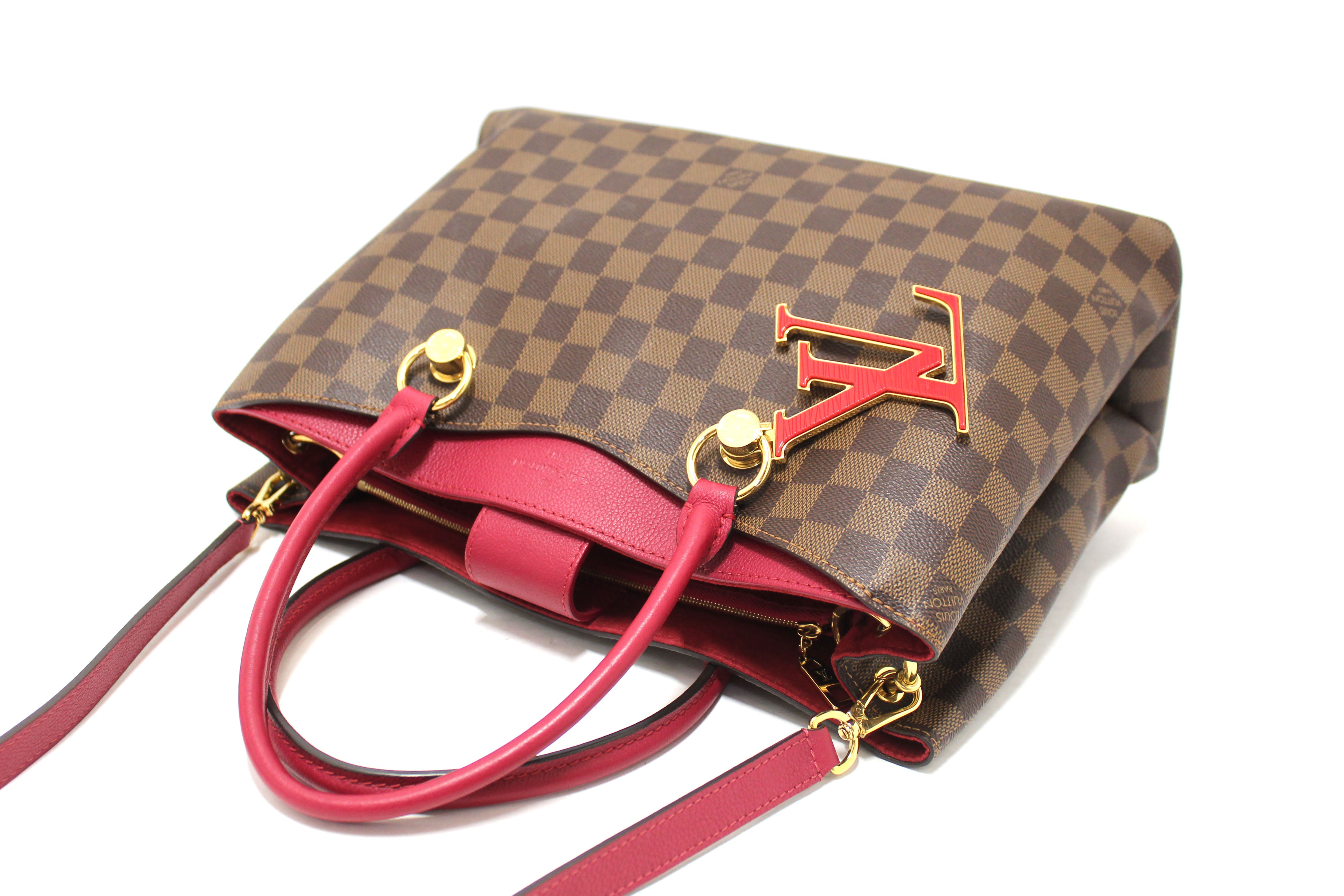 Authentic Louis Vuitton Damier Ebene Canvas With Red Leather Riverside Bag